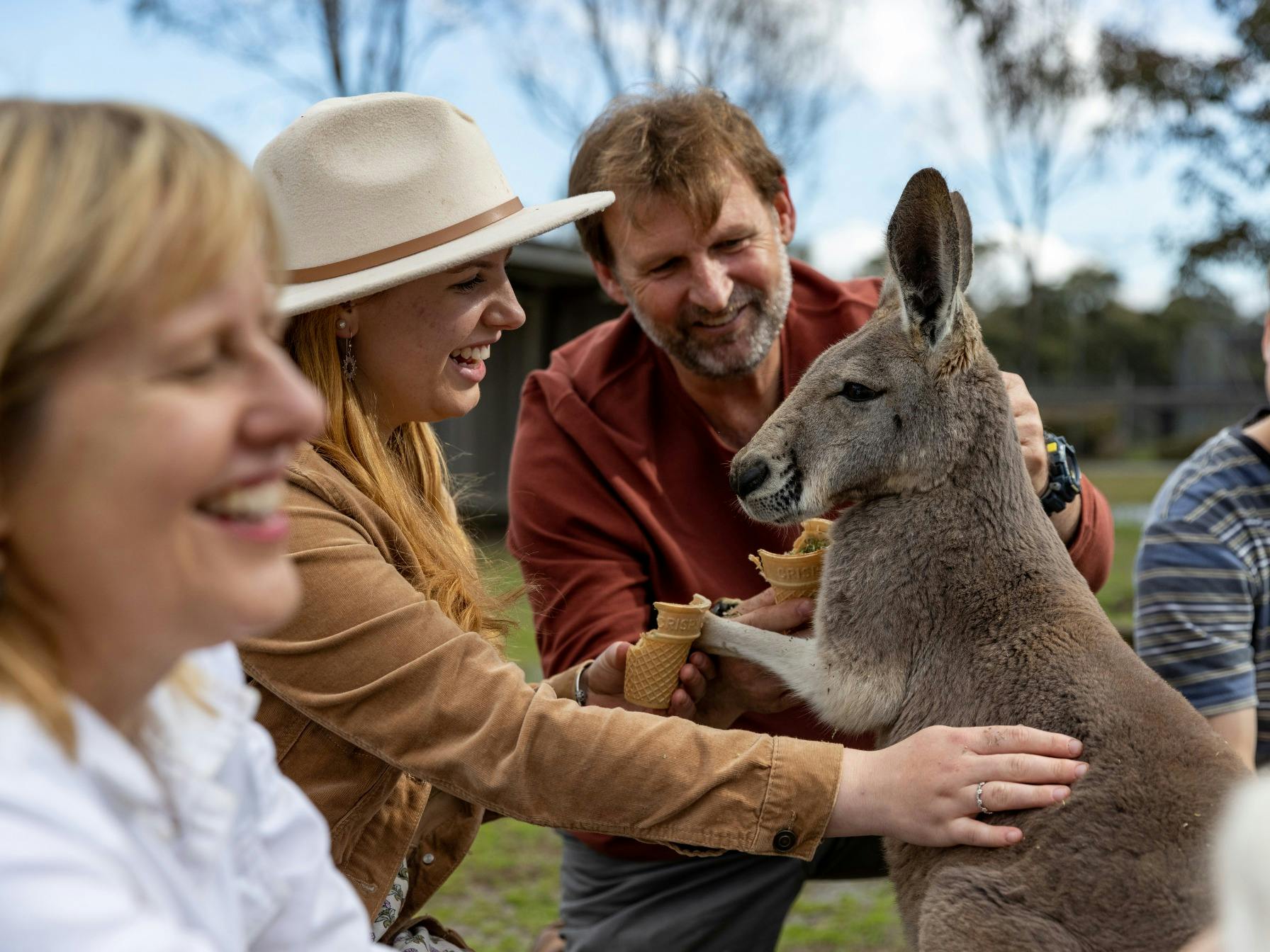 Family feeding a kangaroo
