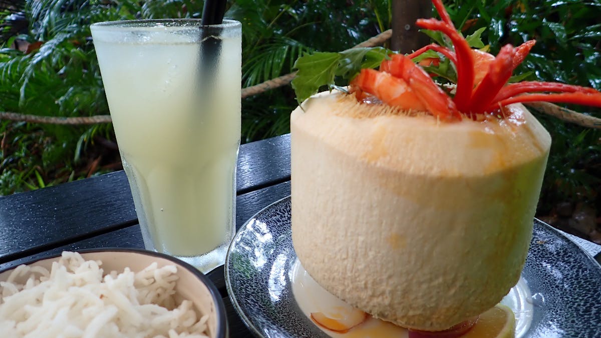 Coconut prawn salad (Hormok Marpao) with rice and coconut juice, Shanti Cafe, Mission Beach, Qld