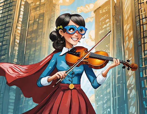 Super hero character holding violin