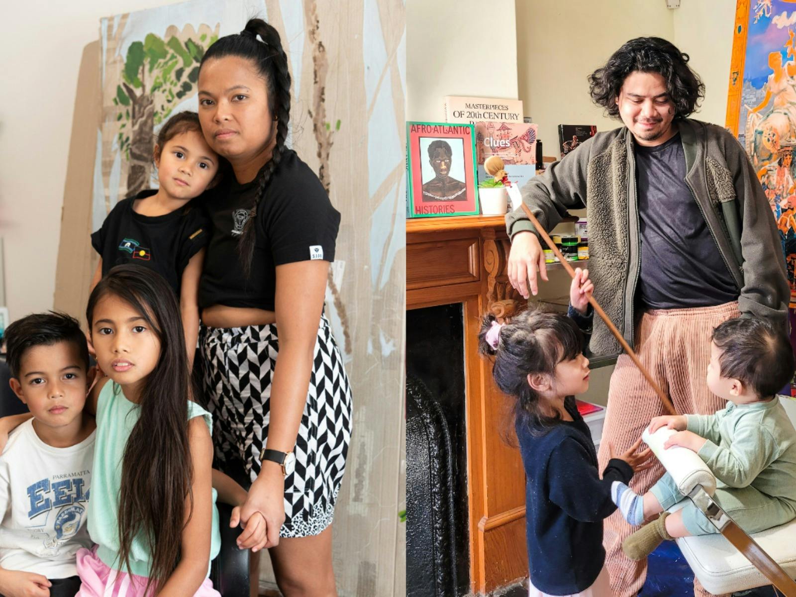 Photograph of both artists with their children in their studios