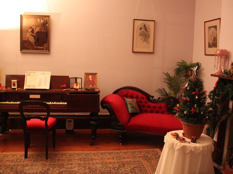 Withdrawing room, Broadwood piano, chaise longue