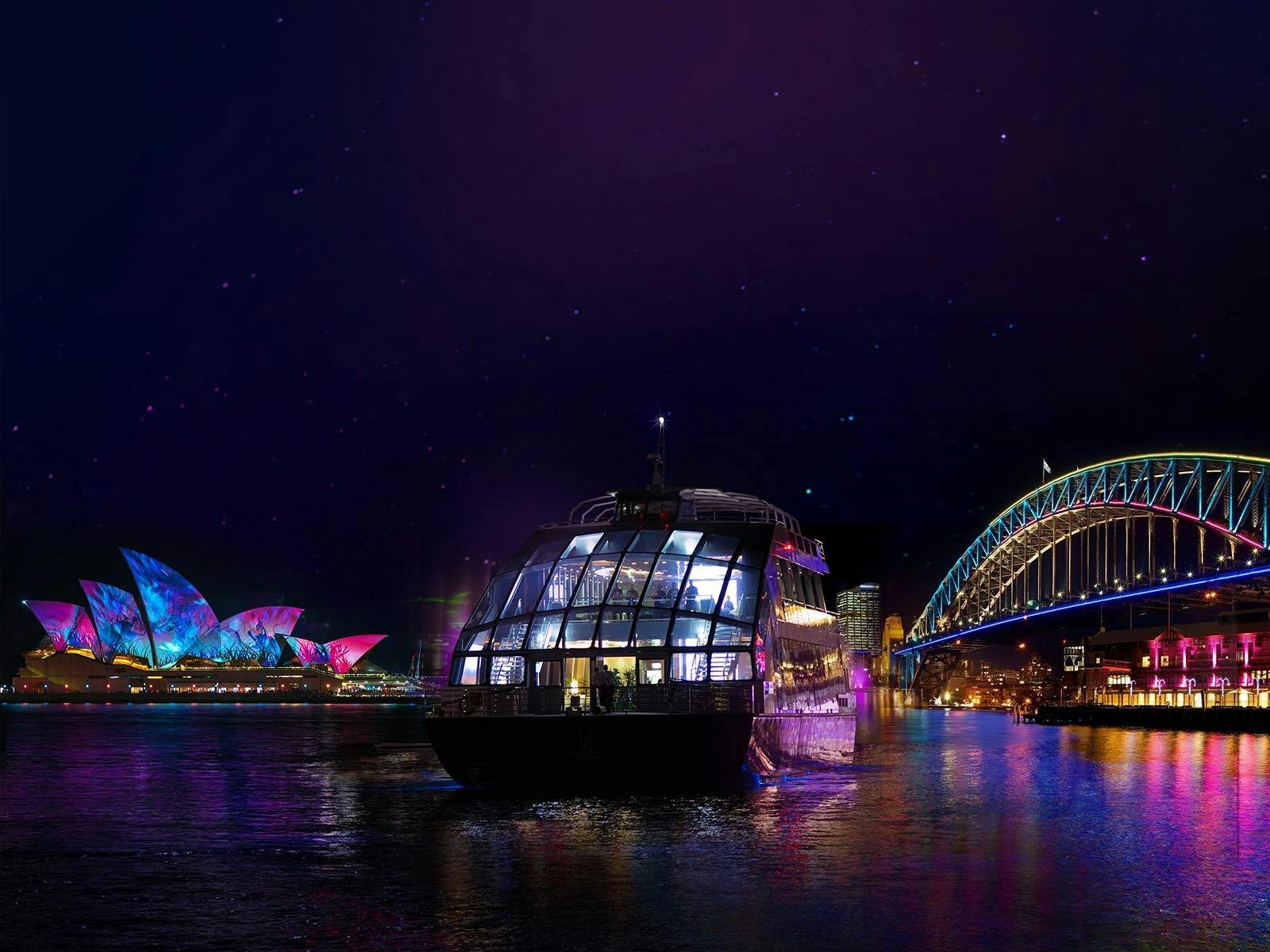 Clearview Glass Boat cruising on Sydney Harbour during Vivid Sydney