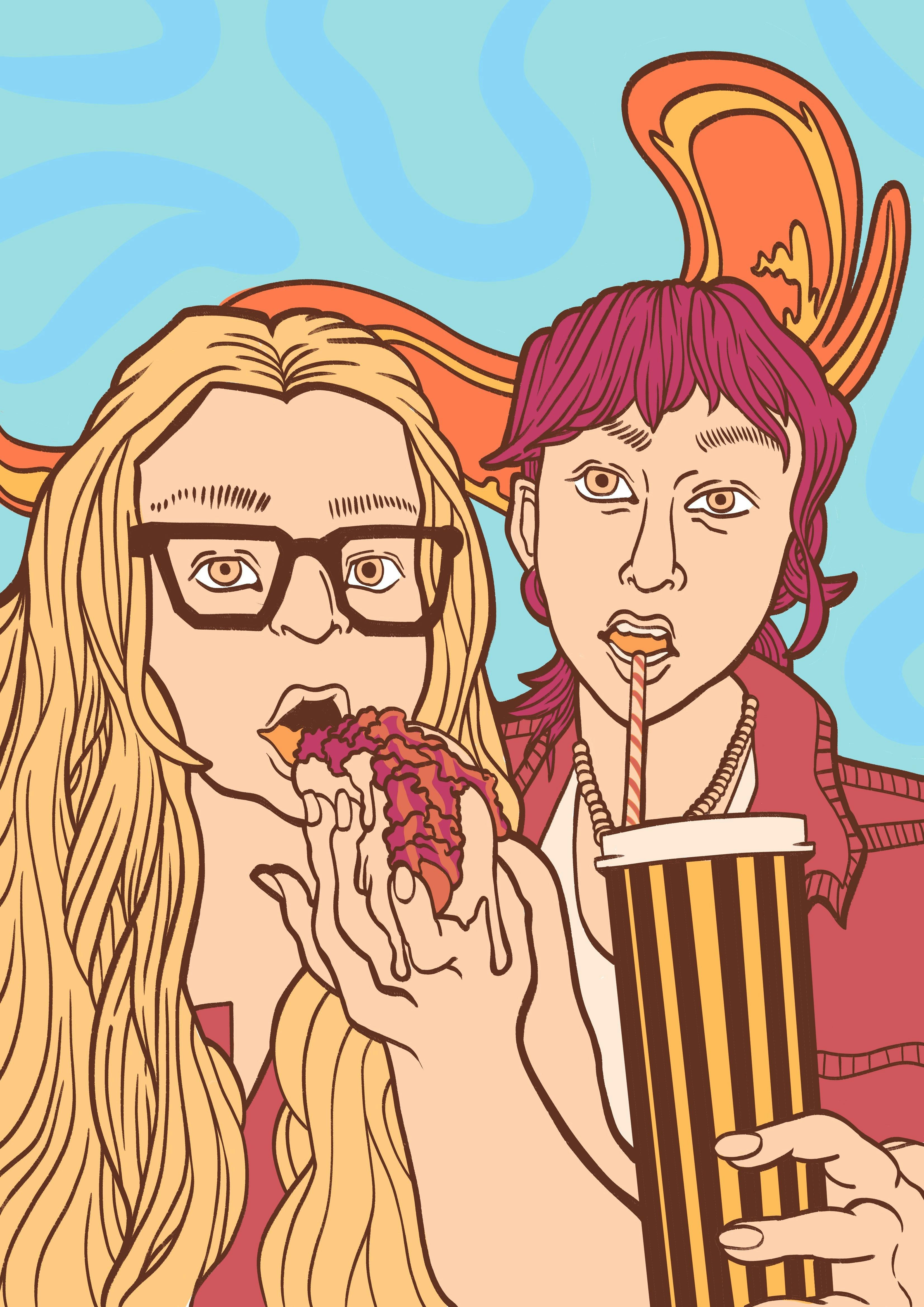A pulp-comic-style drawing of two young women, one eating a hot-dog, the other drinking a milkshake