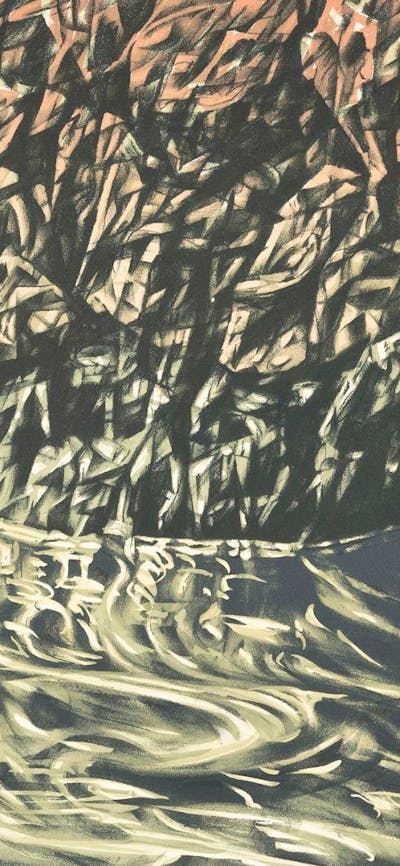 A colourful expressive watercolour monotype of tuross falls.