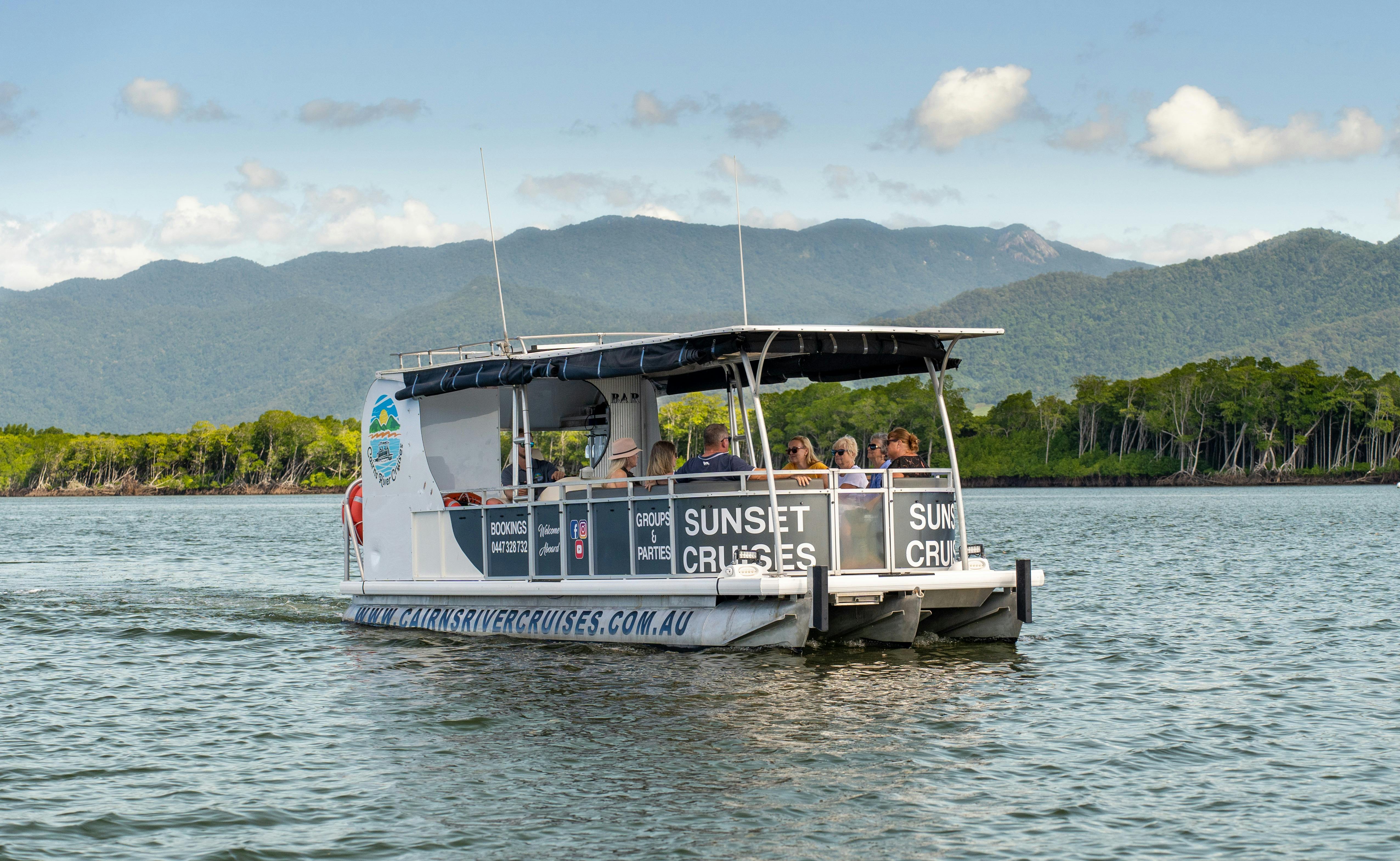 The Fitzroy One Cairns River Cruise with guests aboard sailing into the Trinity Inlet near Cairns