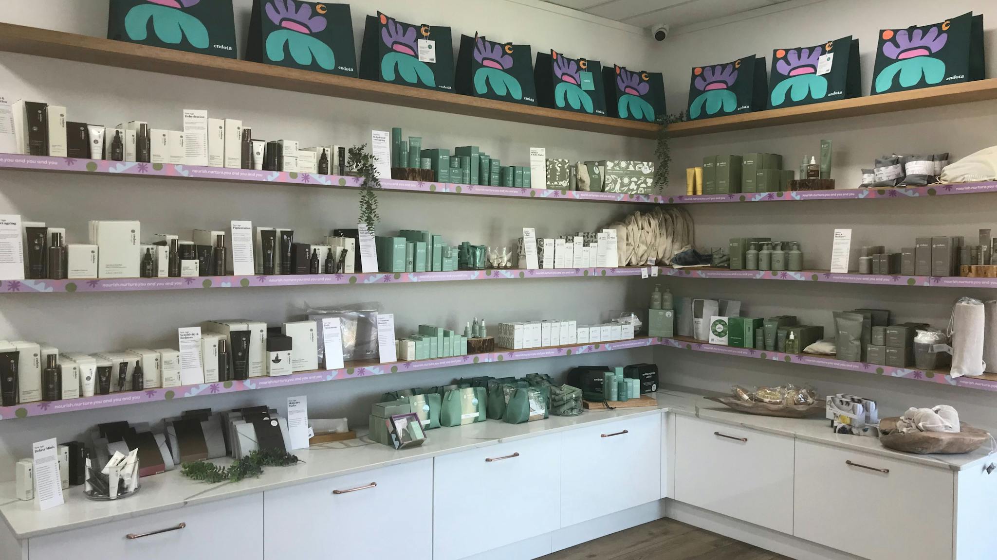 Retail shelving of skincare and wellness products available for purchase