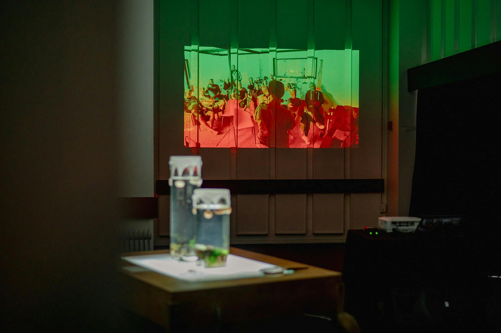 An art installtion in the mkean room as a projected art work and then two jars with sea life in them