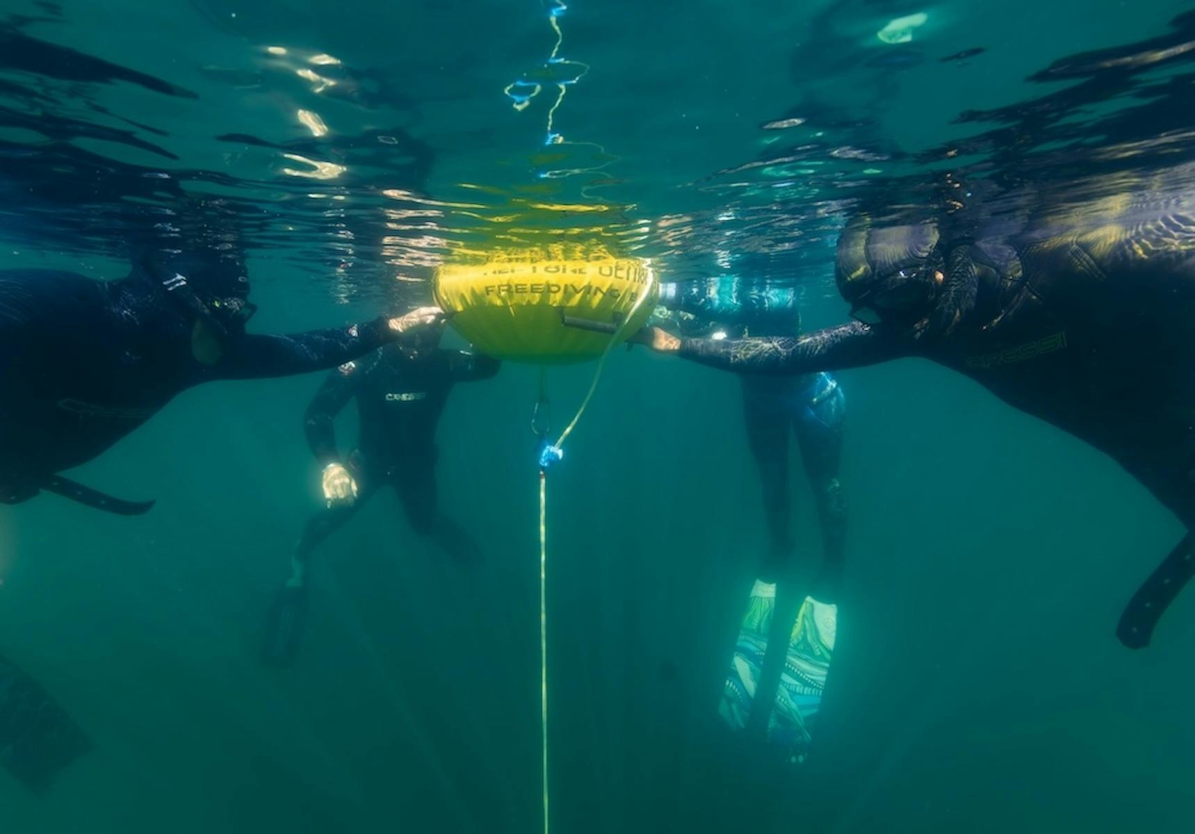 4 freedivers are holding onto the float at the surface in lake Eacham