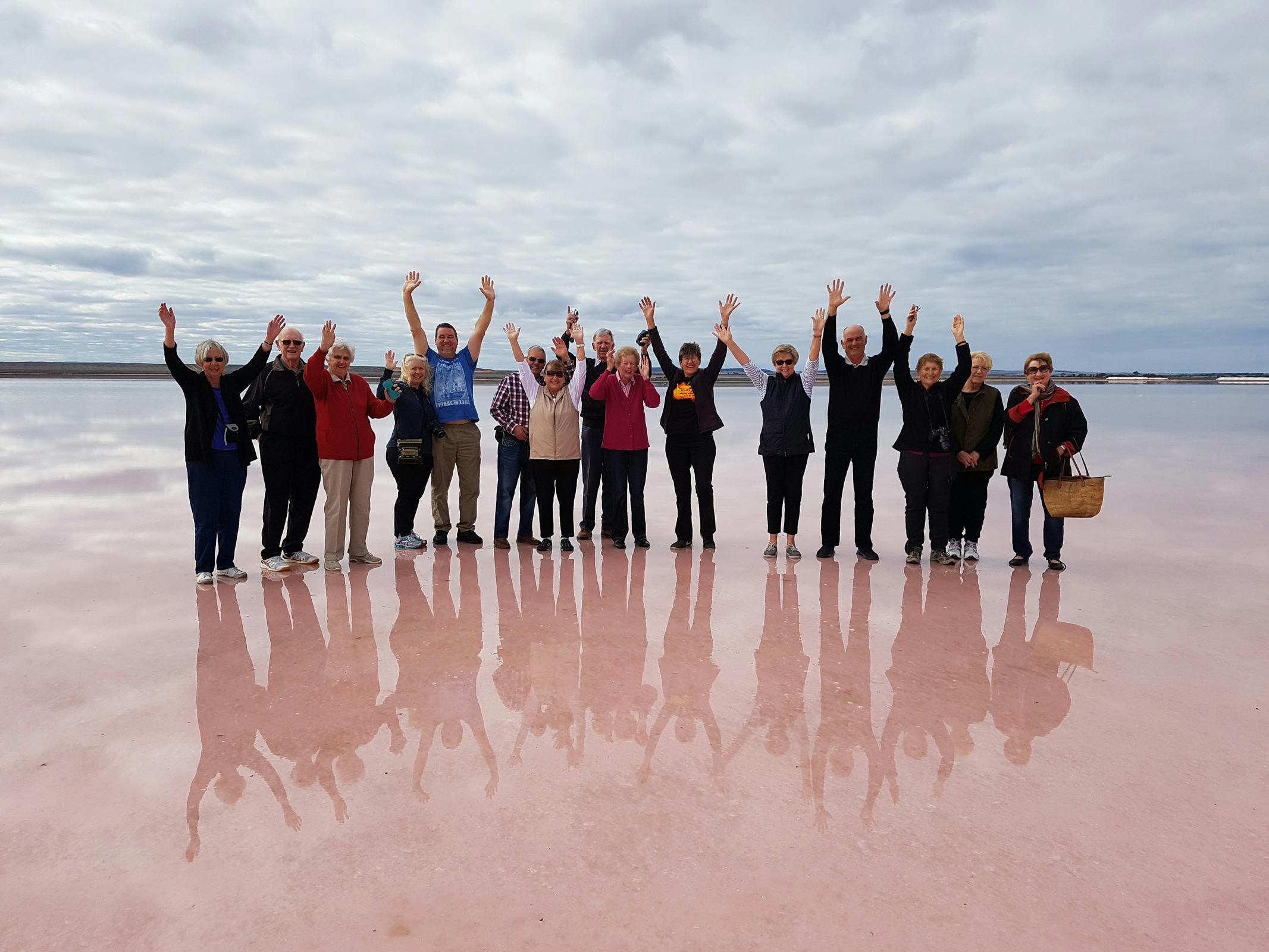 Walk on the pink salt lake of Lochiel in South Australia