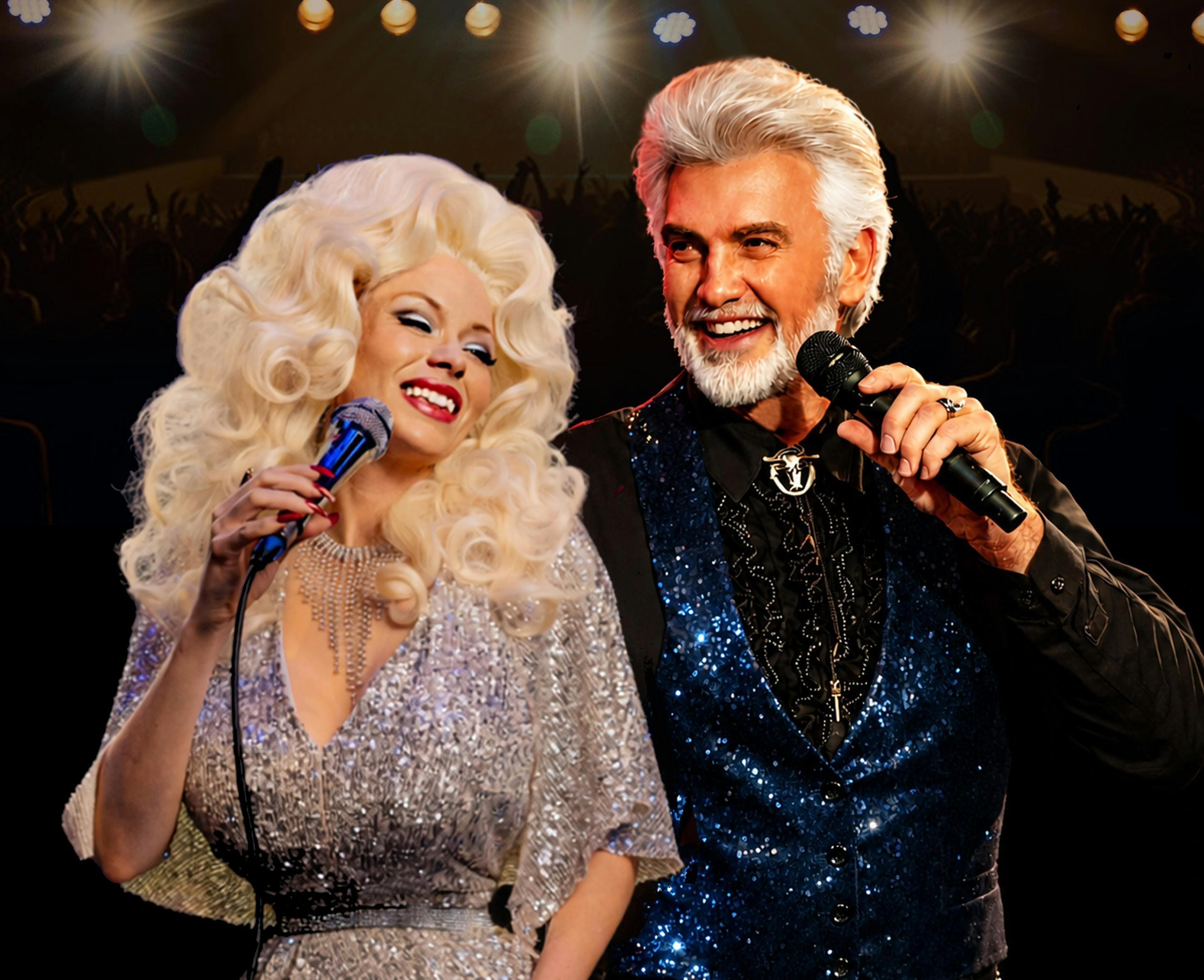 Dolly Parton and Kenny Rodgers pose with microphones