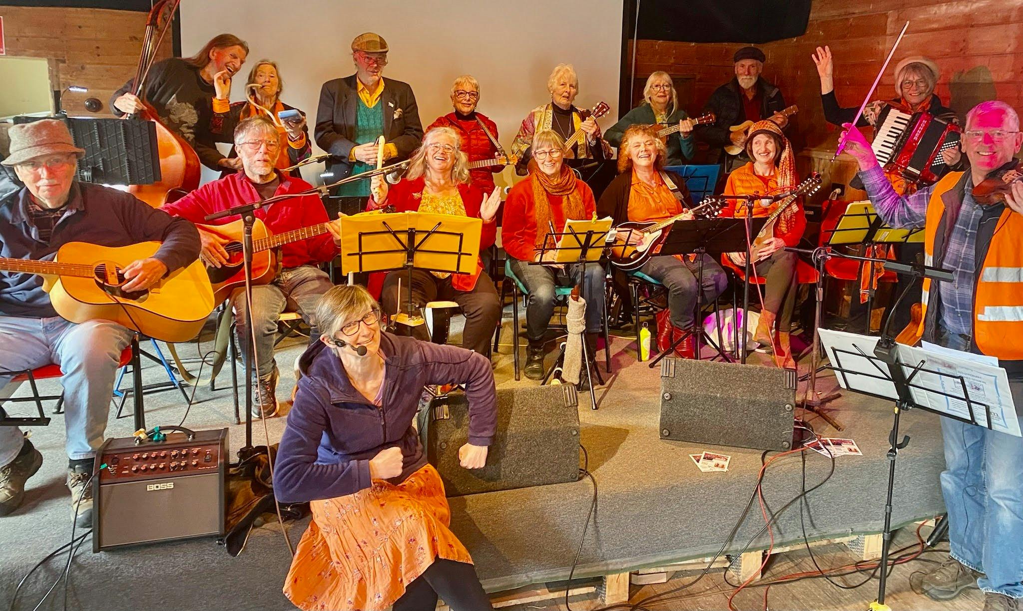 A group of musicians and the dance caller.