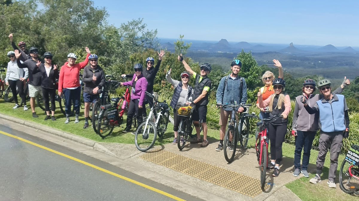 e-Bike Tour group viewing Mountian View Road Maleny