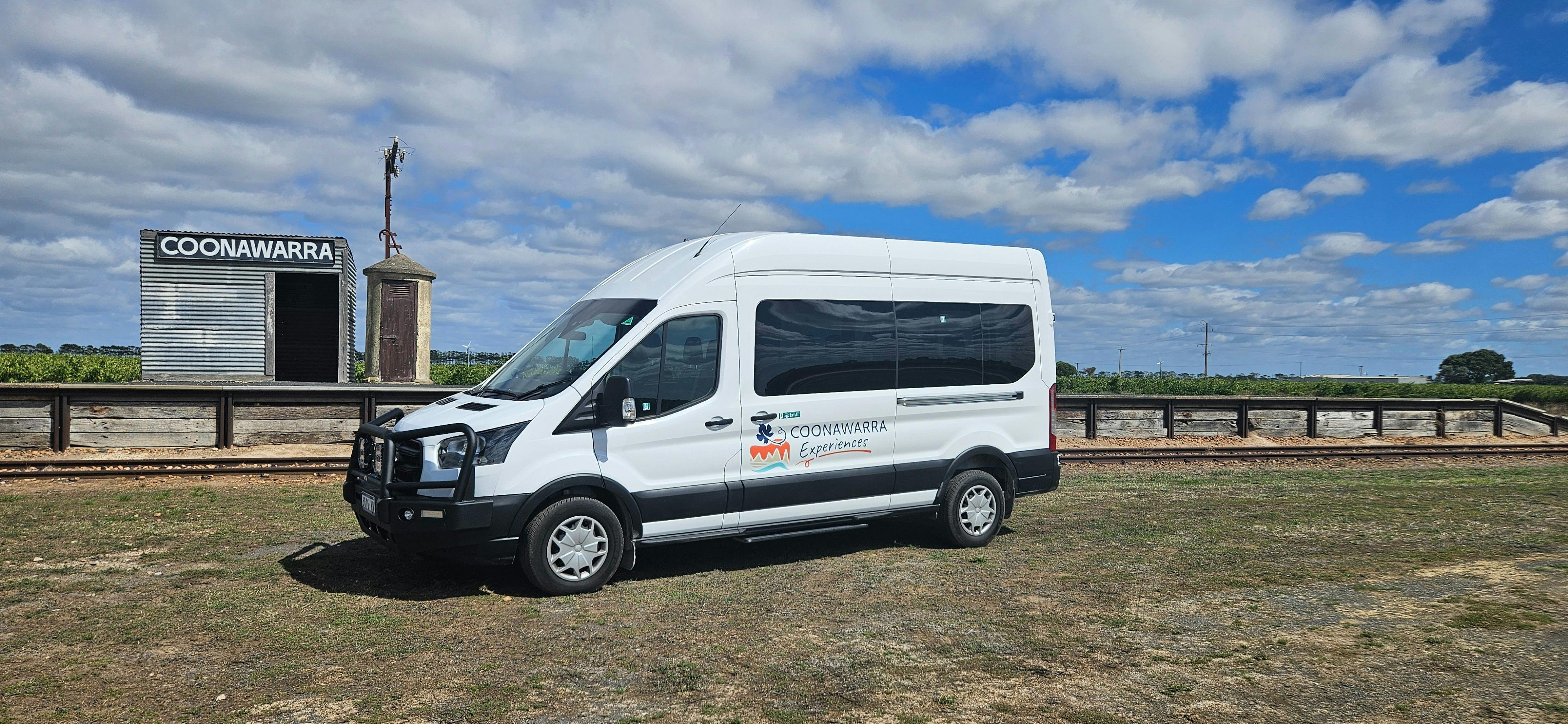 Coonawarra Experiences Ford Transit private wine tour vehicle at the Coonawarra Railway Siding