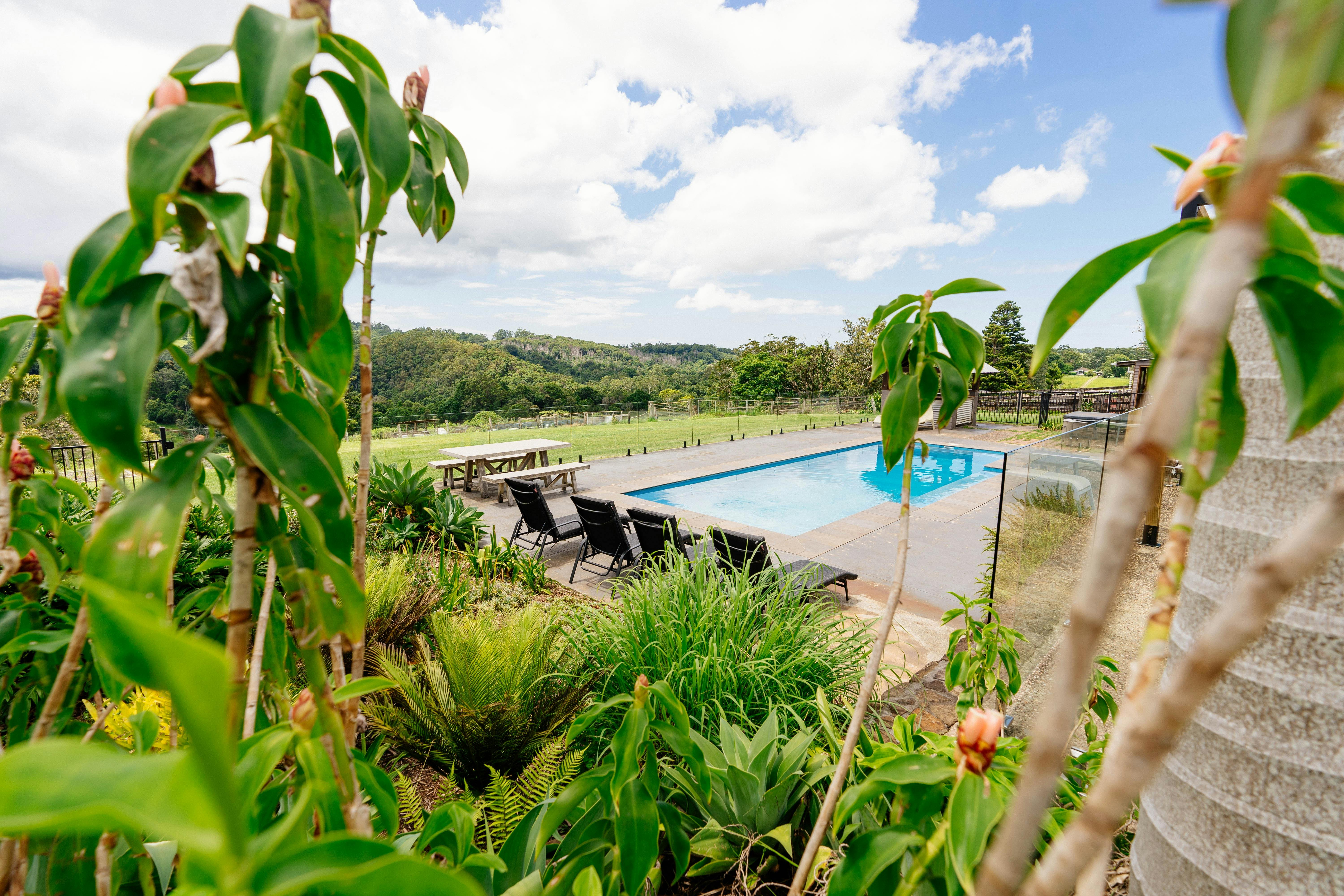 A large pool in a big backyard overlooking  the Byron Bay hinterland and valley. Greenery surrounds