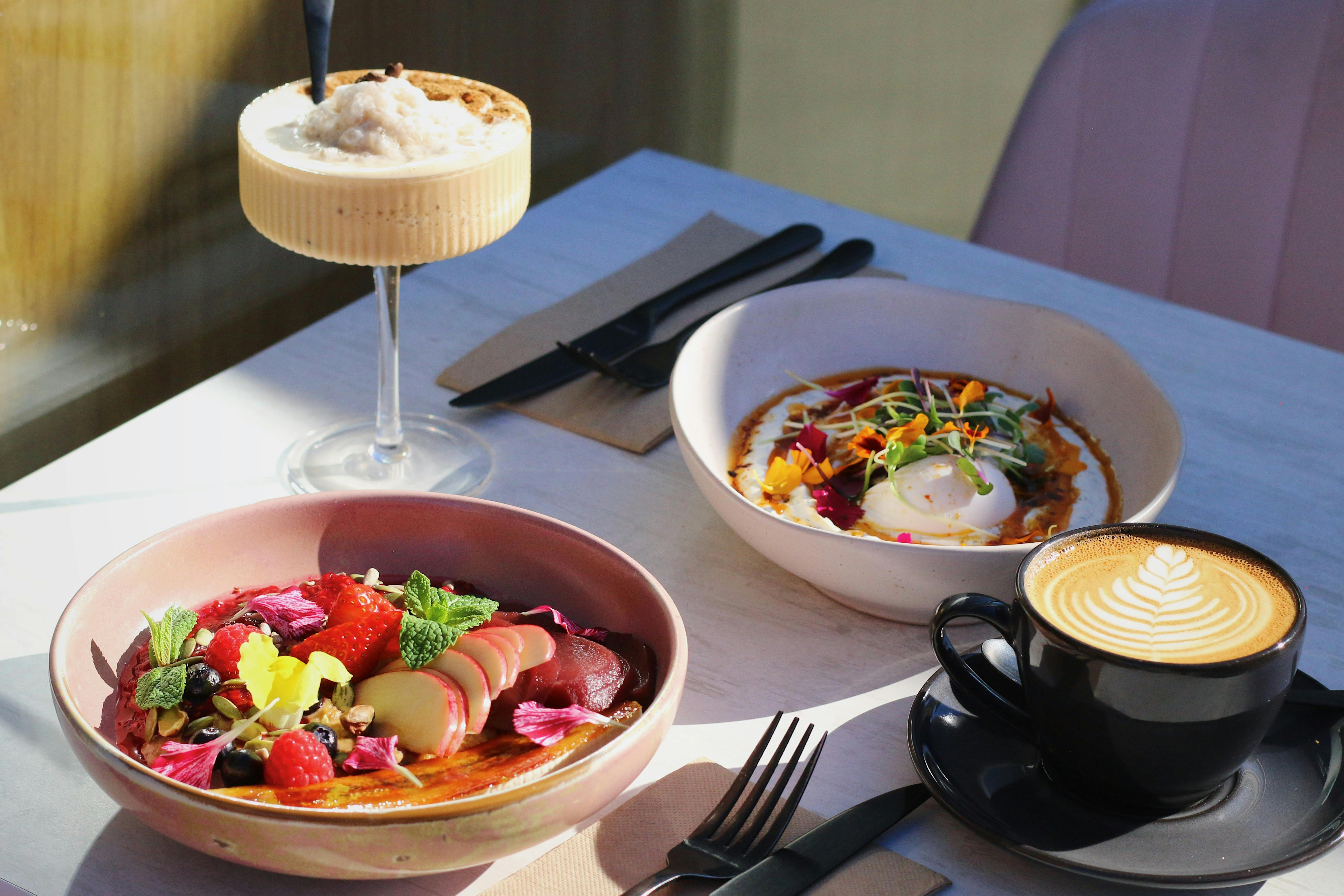 Turkish eggs and Porridge with specialty drinks