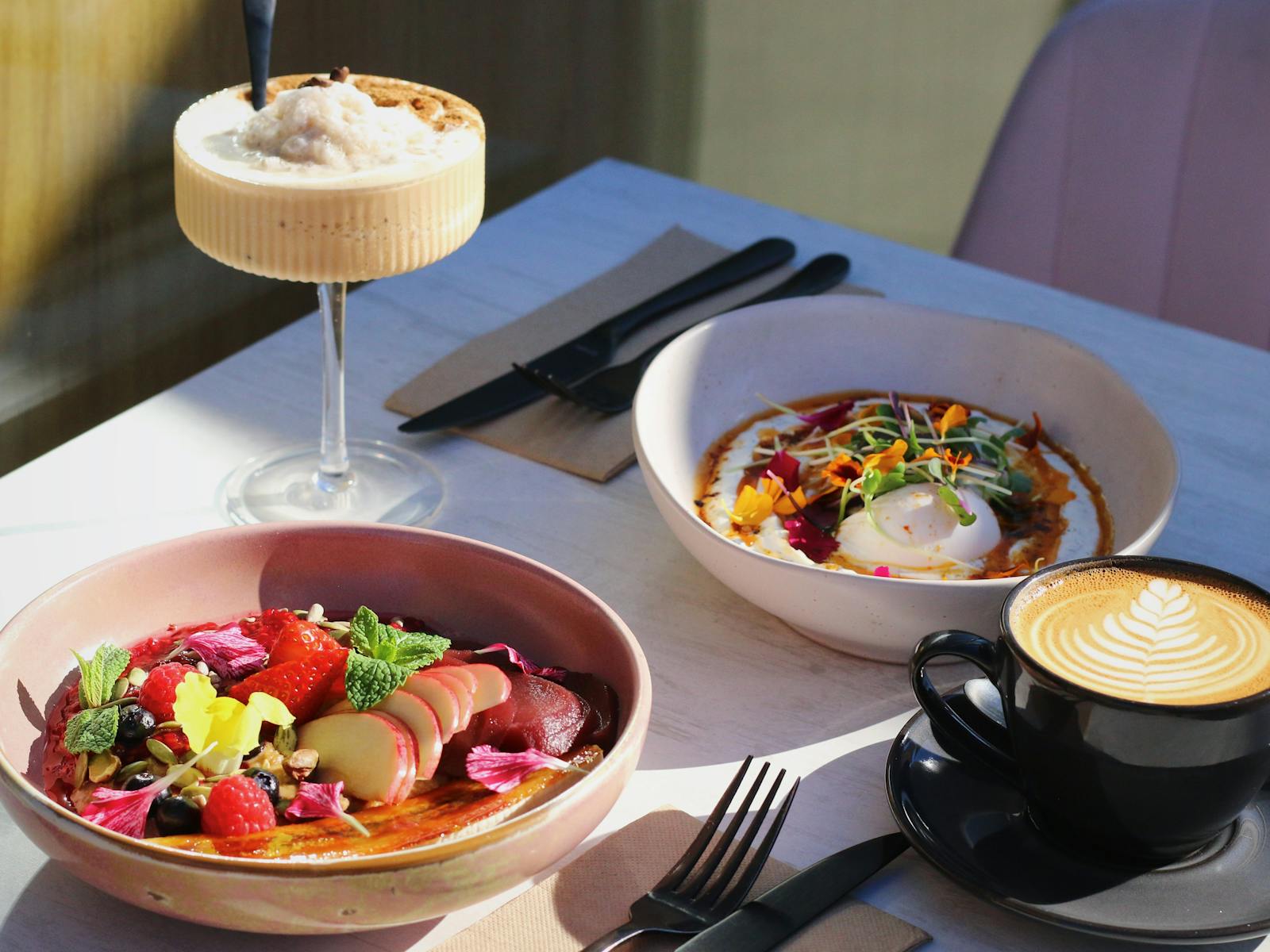 Turkish eggs and Porridge with specialty drinks