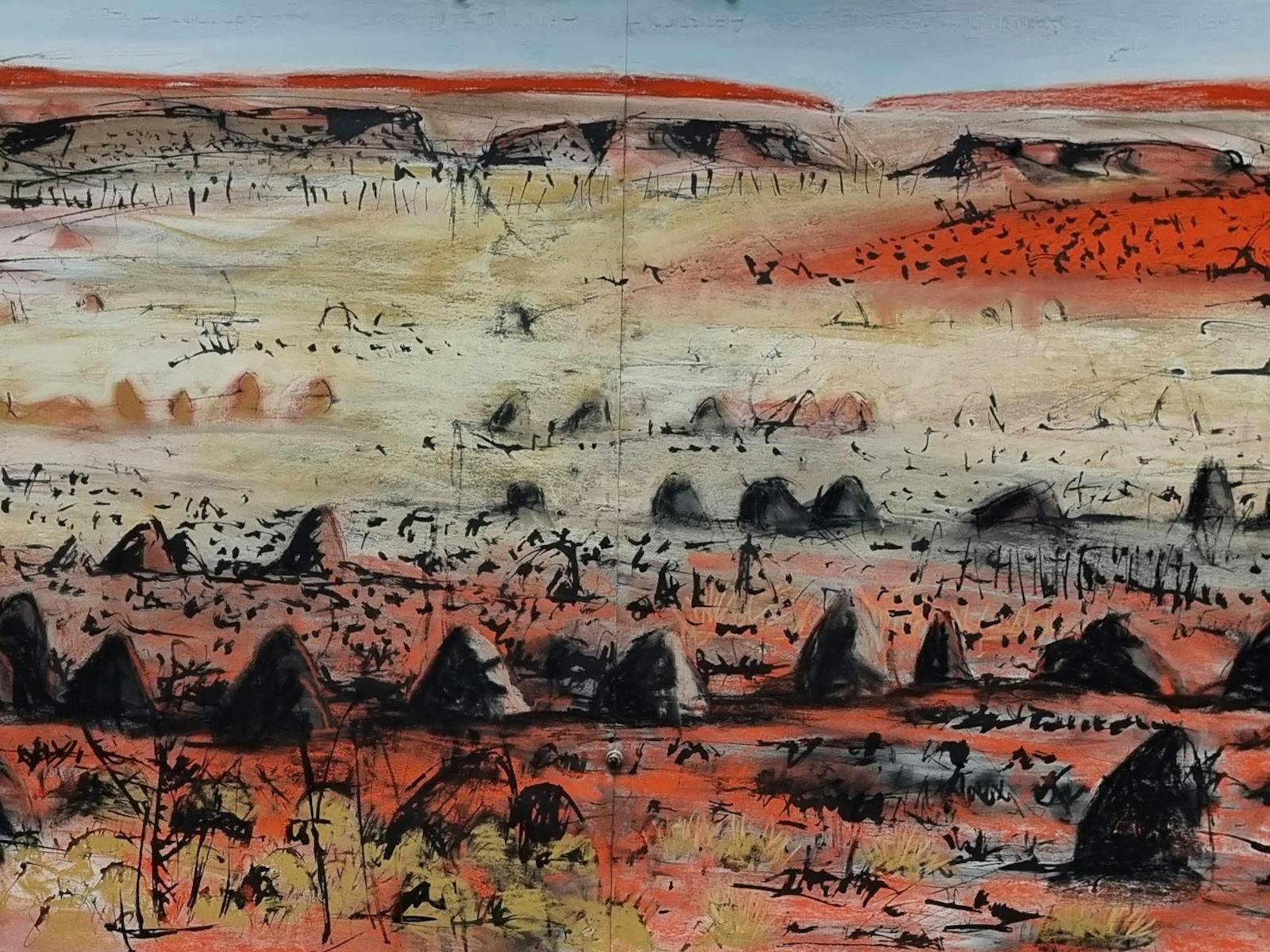 Kim Mahood, Tanami Burn, 2023, ink and pastel on paper,  76 x 224 cm