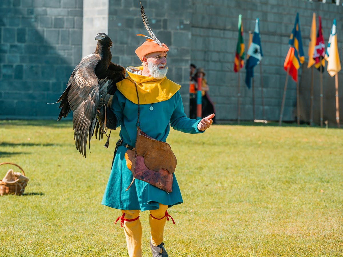 A falconer stands with Des, the wedge tailed eagle on his arm, demonstrating to the crowd.