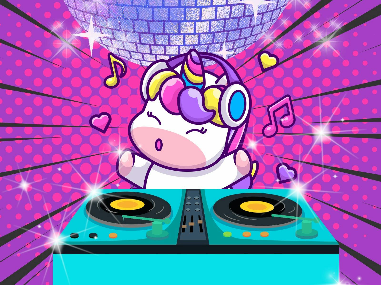 Unicorn DJ on purple background
