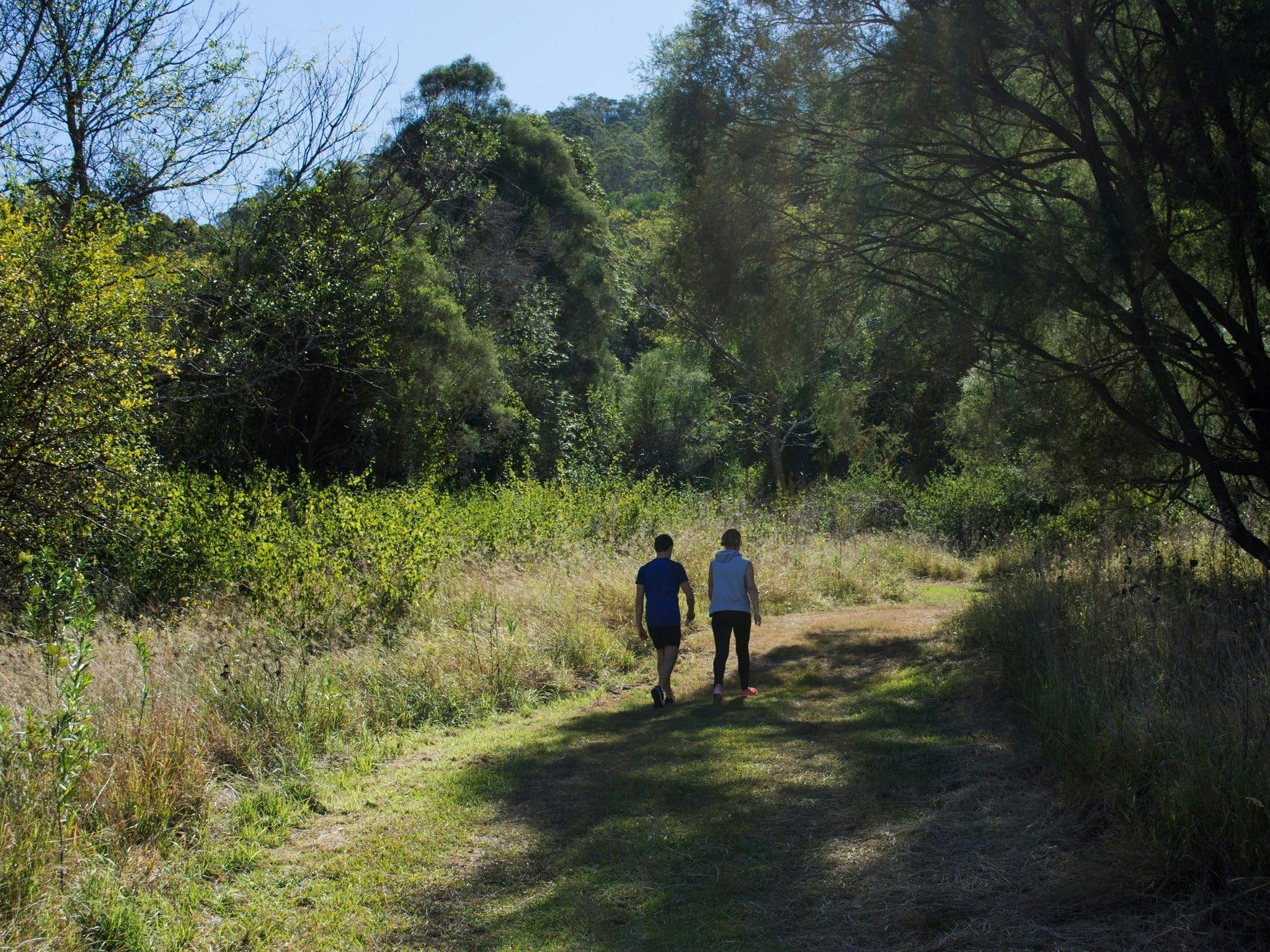 Two people walking along a track Two people walking along a track