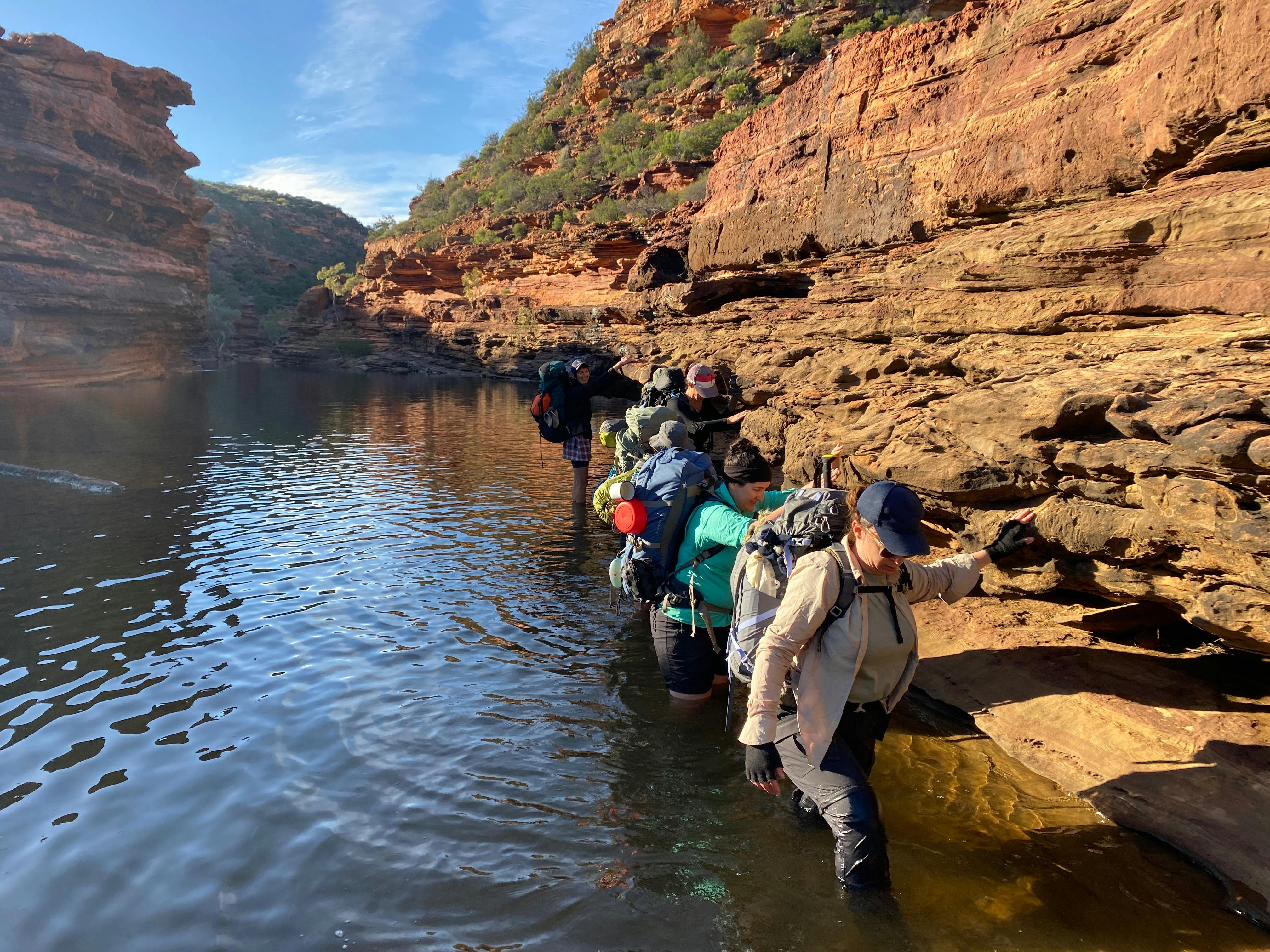 Edgewalkers hikers wading in the Murchison River - almost waist high