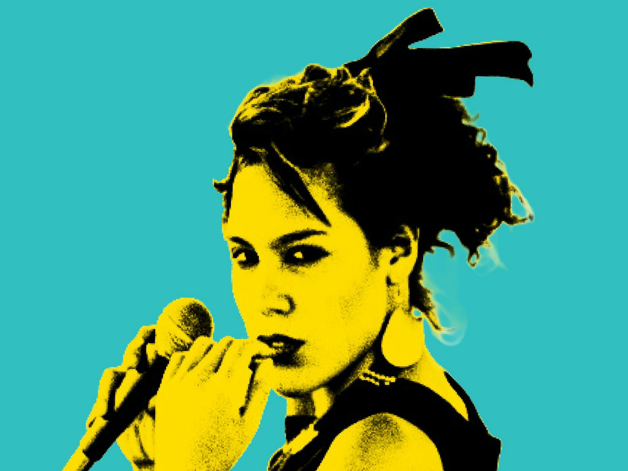 Young version of Kate in yellow tonings with blue background with microphone Young version of Kate in yellow tonings with blue background with microphone