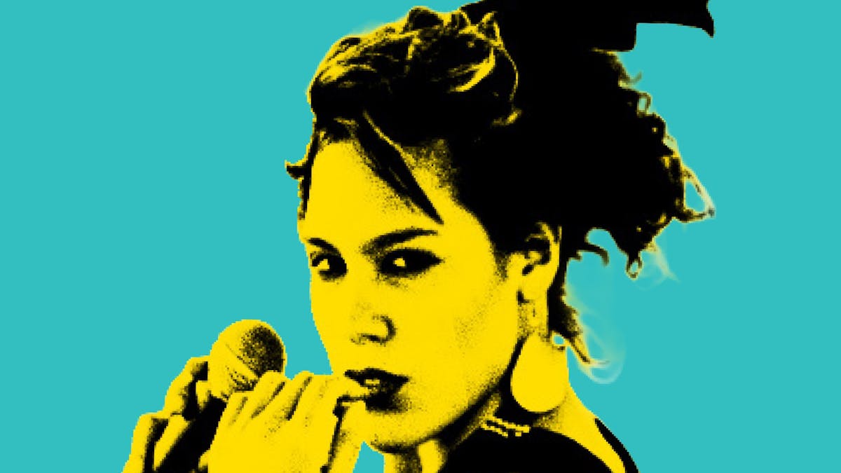 Young version of Kate in yellow tonings with blue background with microphone