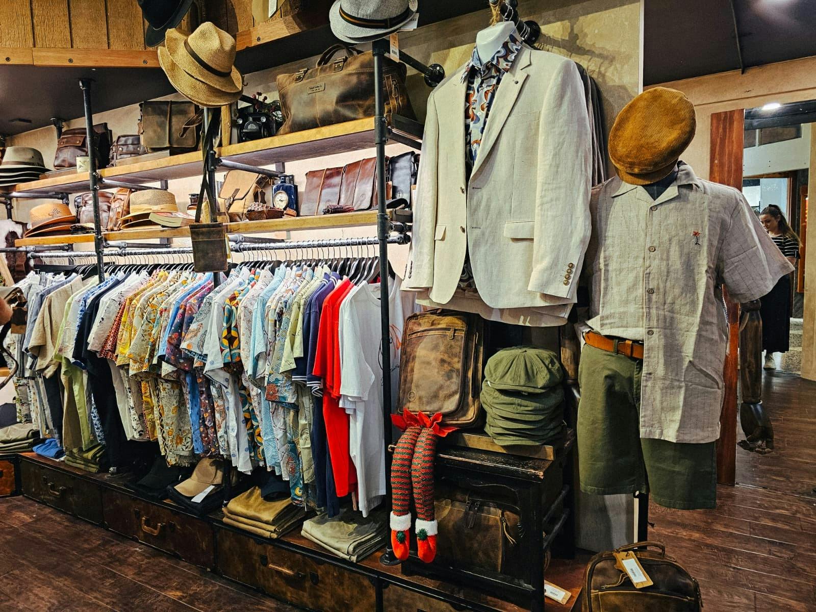 Shirts, linen jackets, hats and Indepal leather bags inside Bolt + Buckle Brisbane