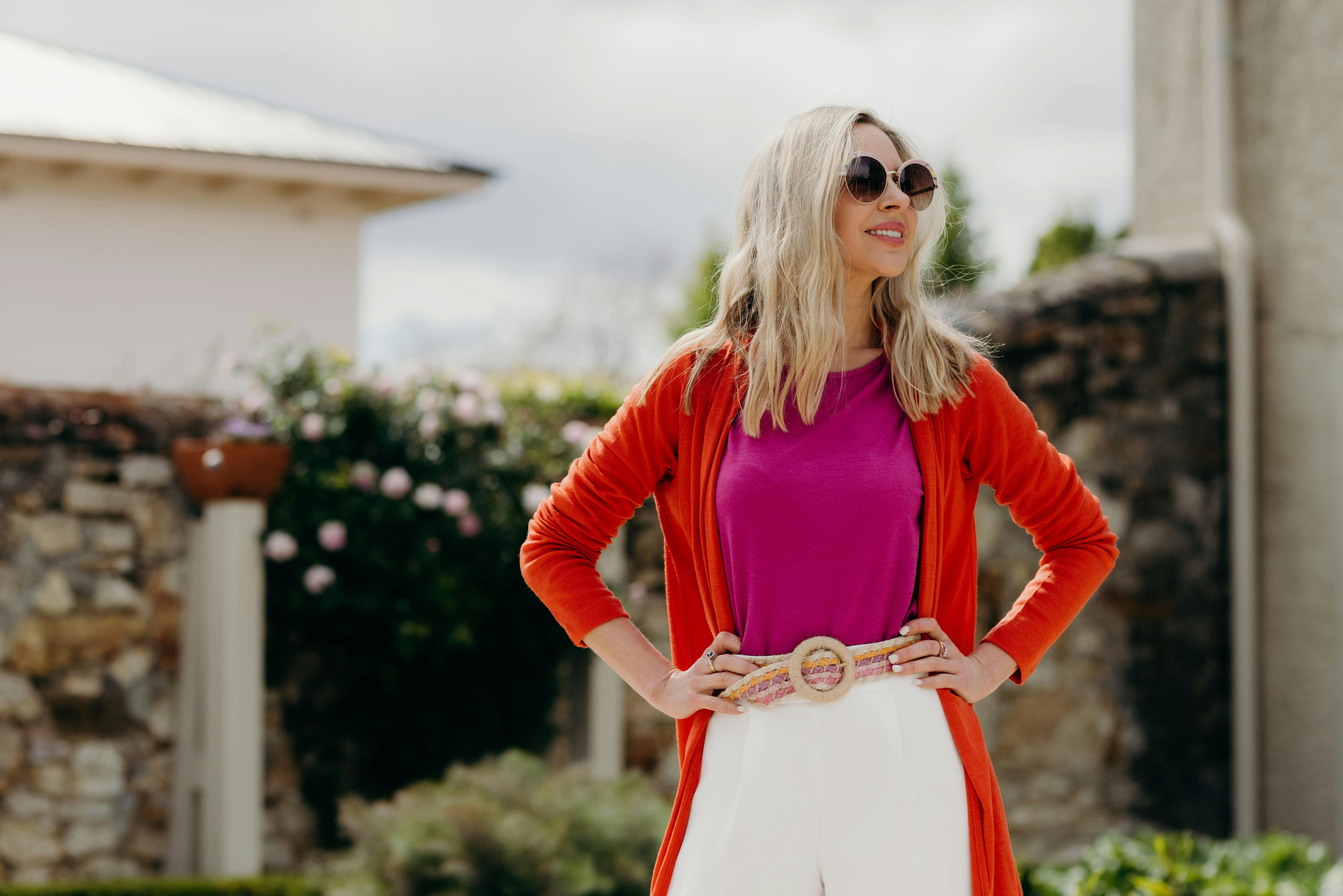 Fuchsia pink round top and Orange Drape cardigan