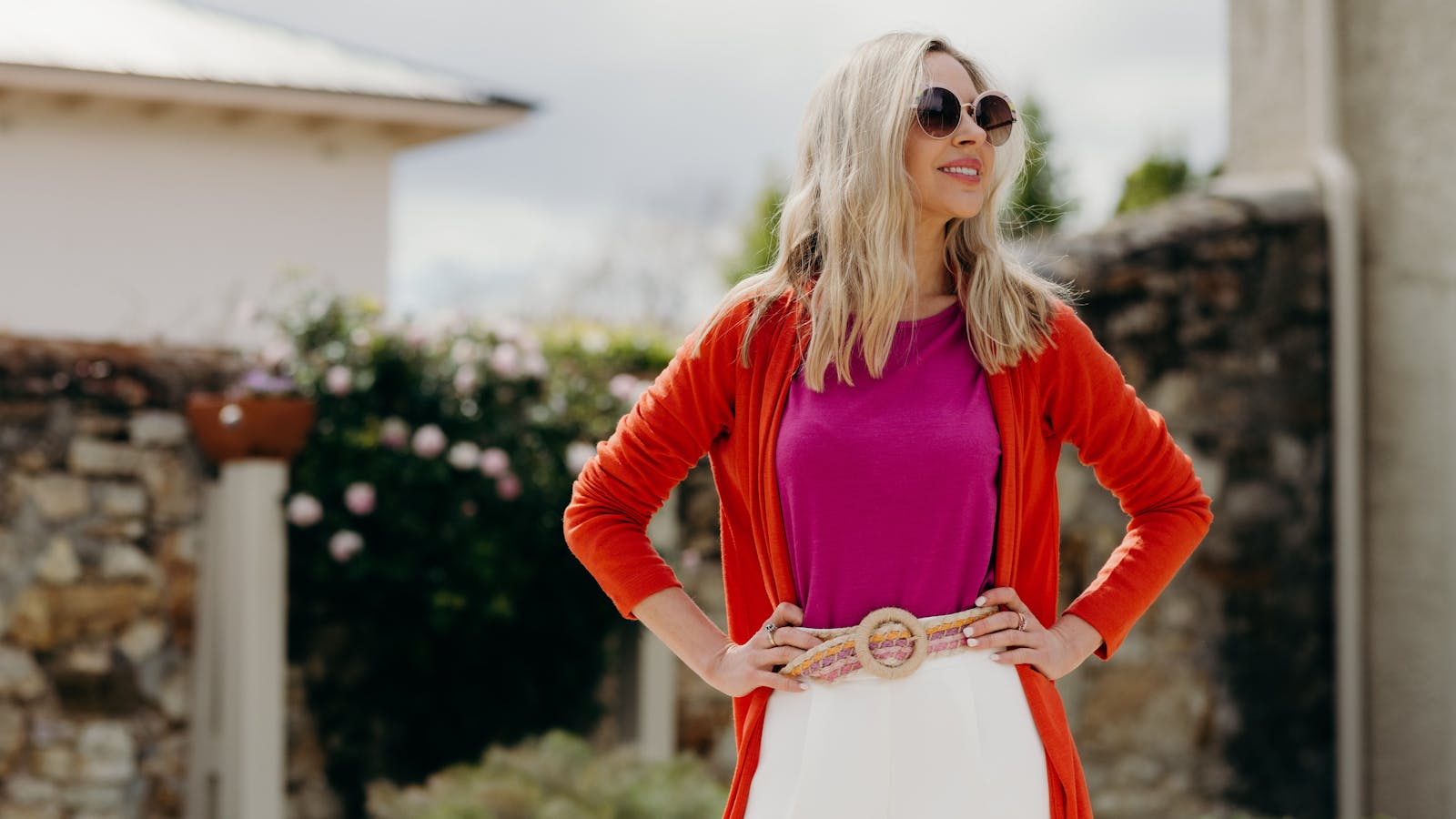 Fuchsia pink round top and Orange Drape cardigan