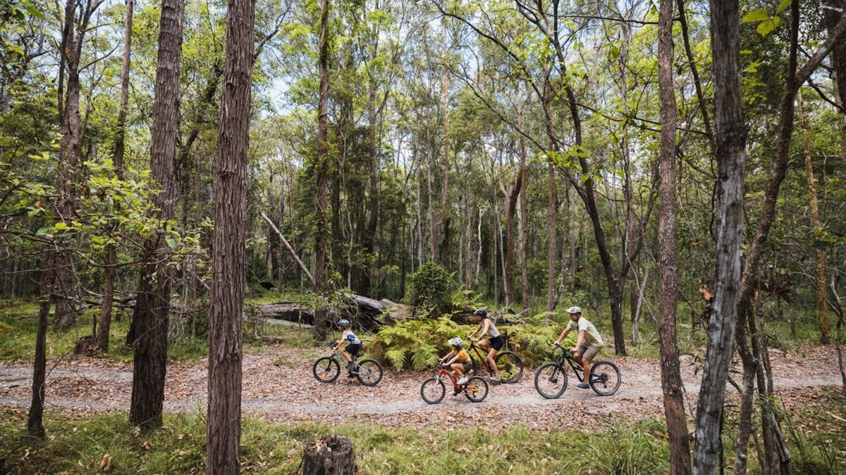 Family of four cycling with helmets through Don and Christine Burnett Conservation Area trails