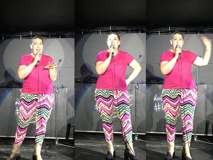 A triptych of Kelly Mac performing stand up comedy on stage