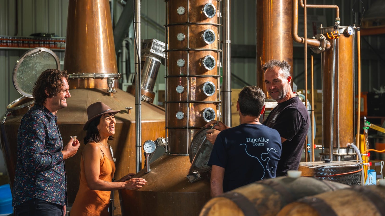 Guests in rare potato ade vodka distillery on working farm