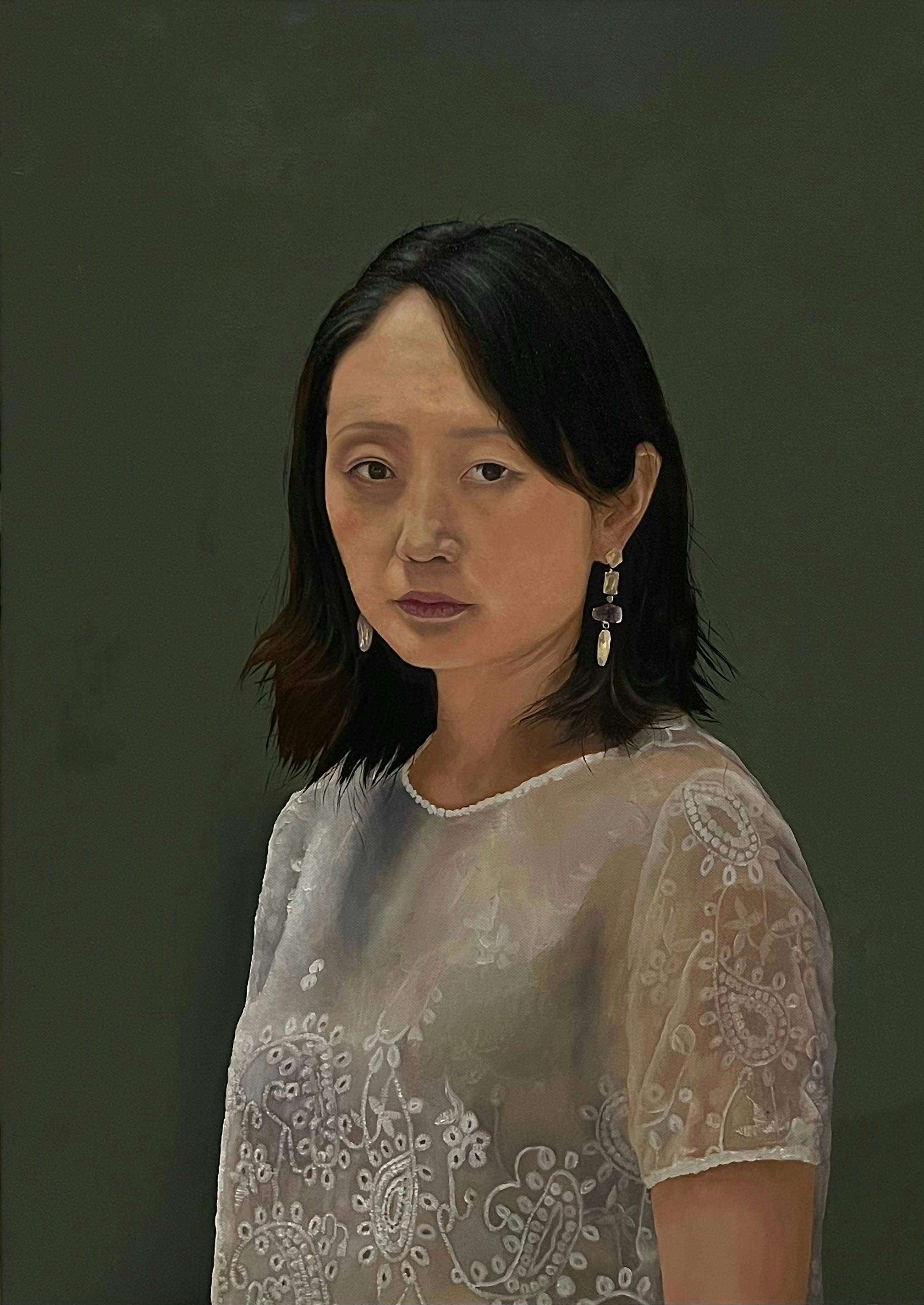 Painted portrait of a woman of asian heritage with delicate white lace clothing and pearl earrings.