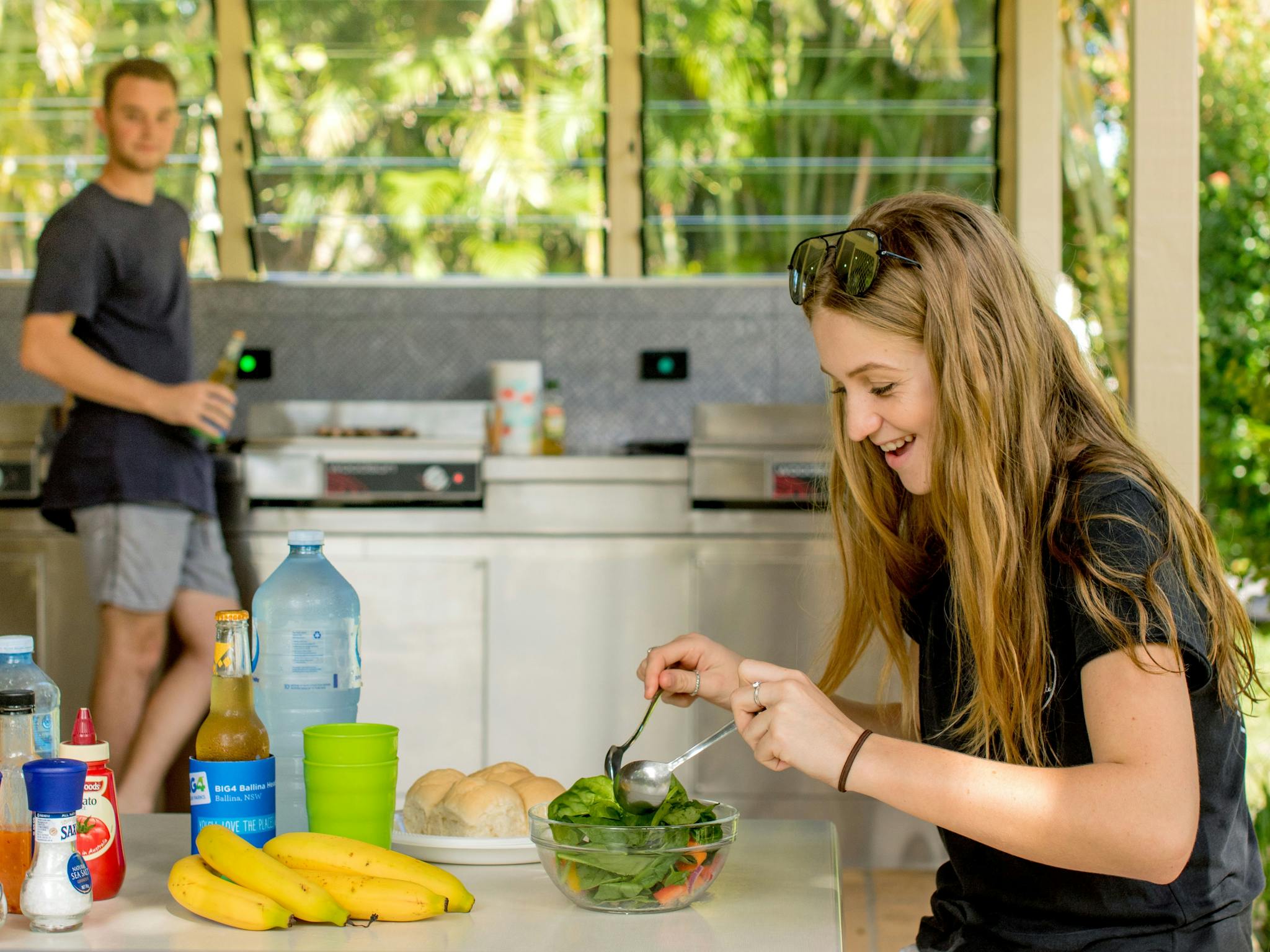 Big 4 Tasman Holiday Park Ballina couple making food in the camp kitchen