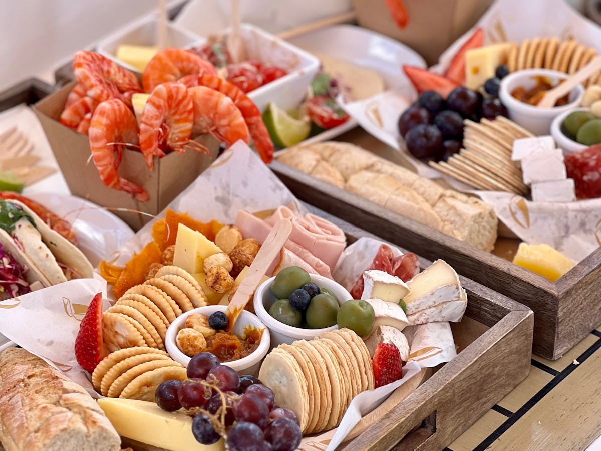 Lunch platter with antipasto and prawns