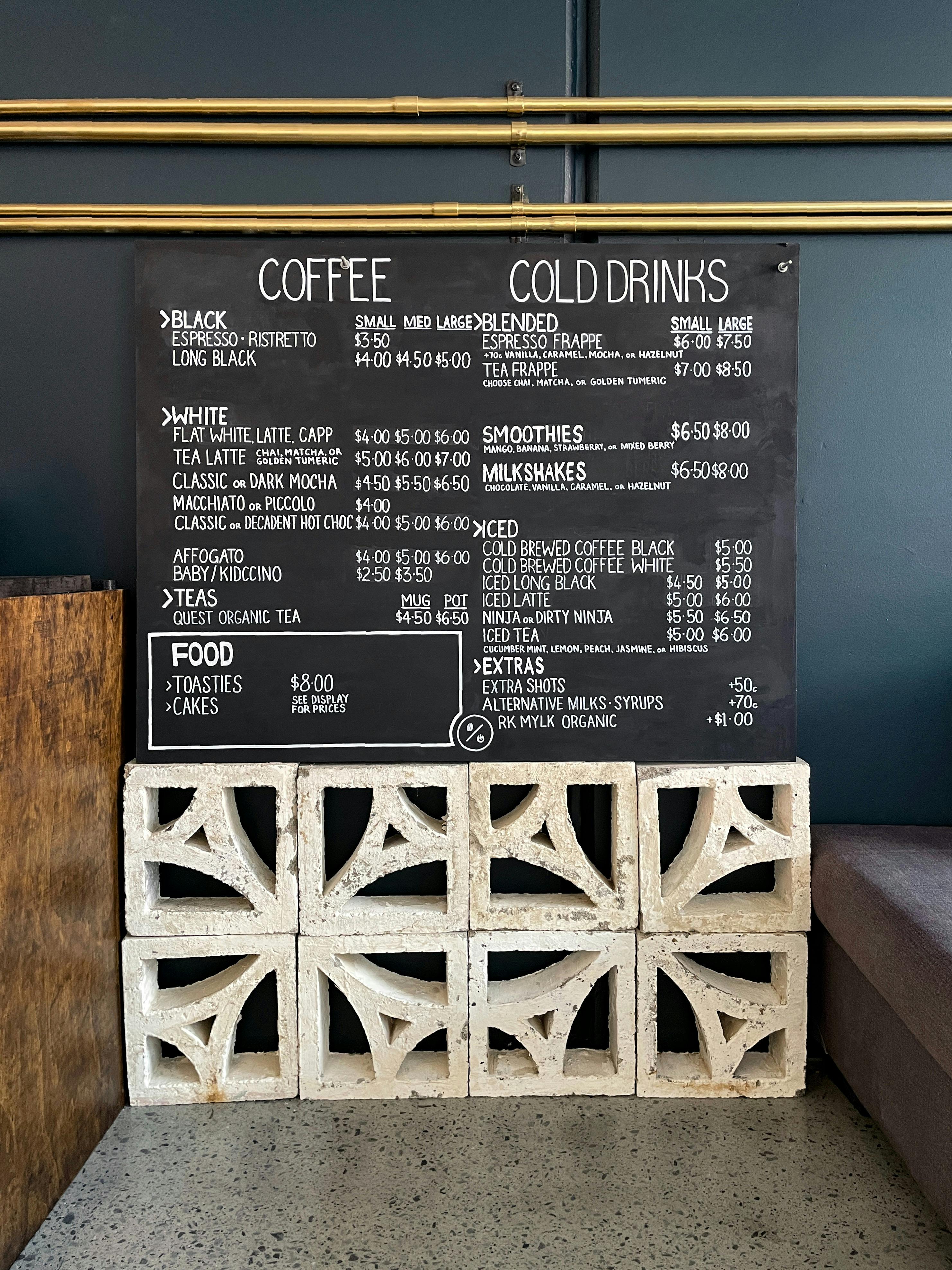 Roastery food and drinks menu