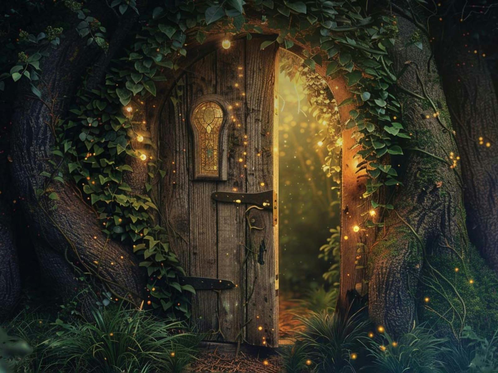 A mystical wooden door with a stained-glass window is nestled within the trunk of an ancient tree