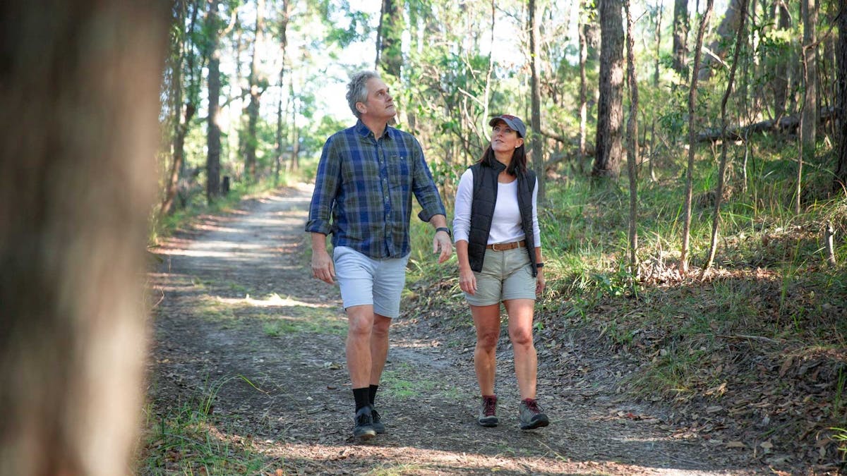 Man and woman strolling along shaded bush trail surrounded by tall trees