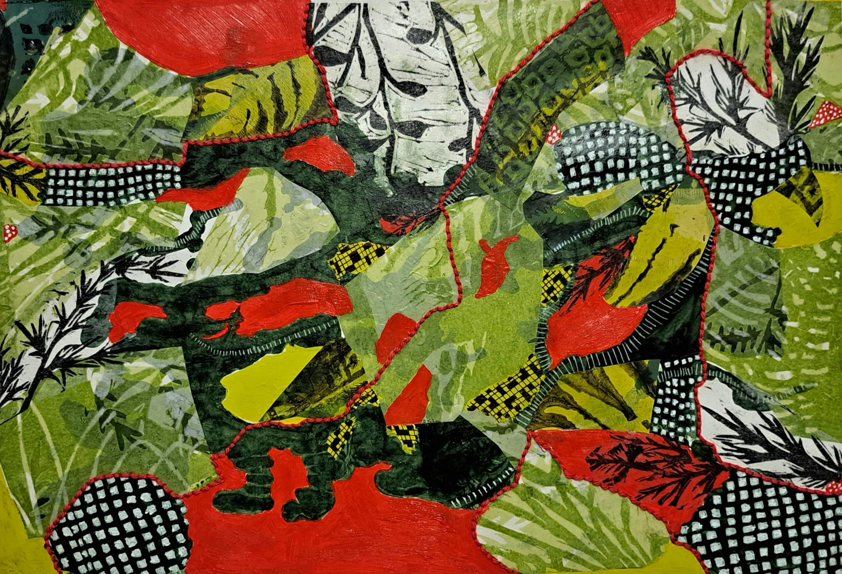 Abstract mixed media in greens and reds utilising woodcut, acrylic, pen in a collaged work