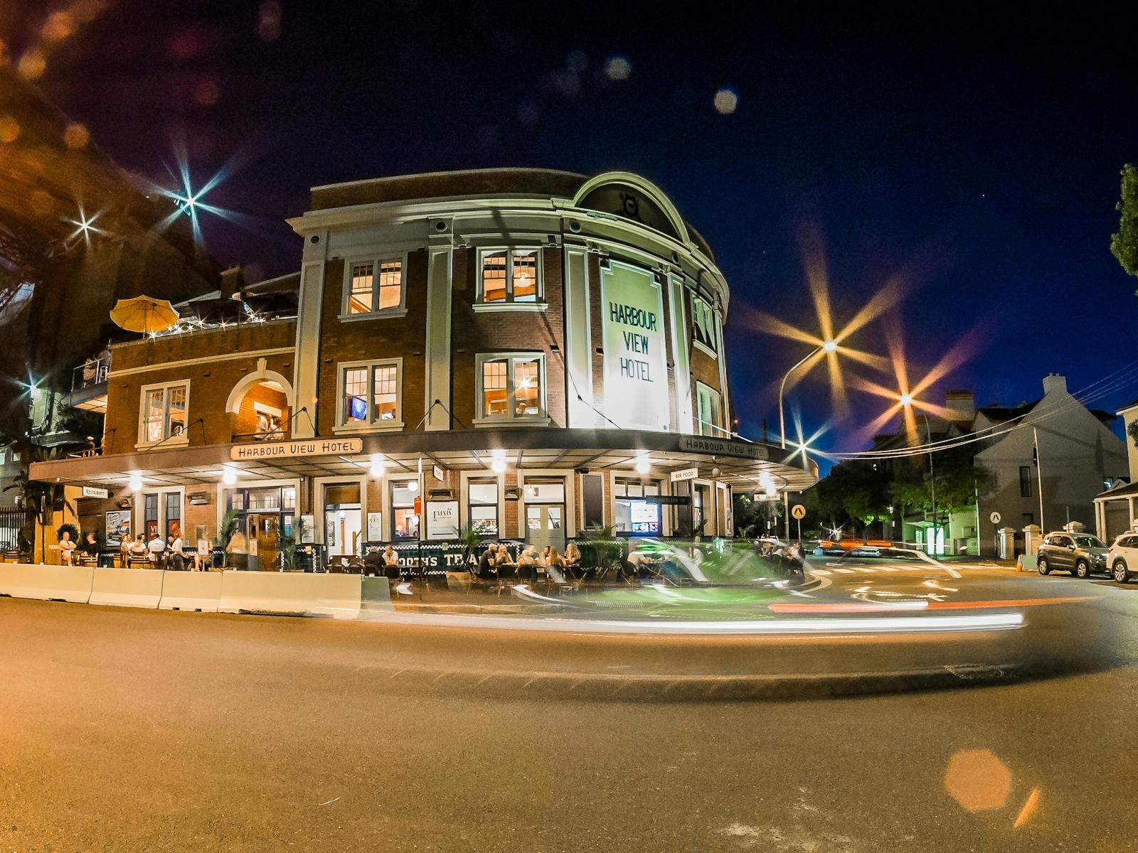 The exterior of the hotel at night