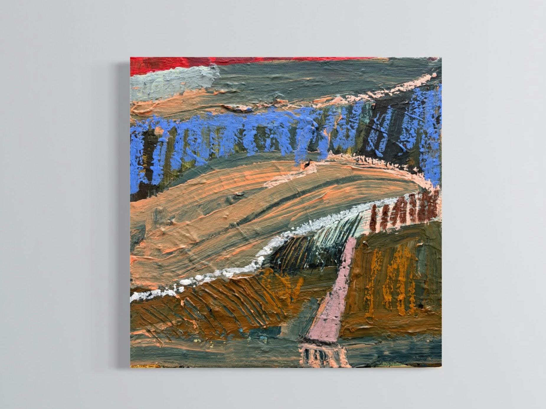 Abstract landscape painting by Bec Talbot in blue and earth tones