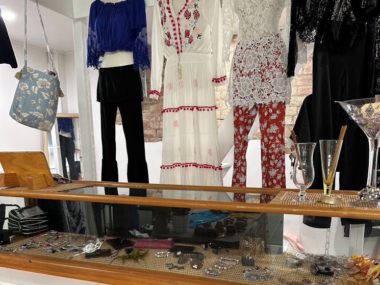 Clothing and jewellery on display