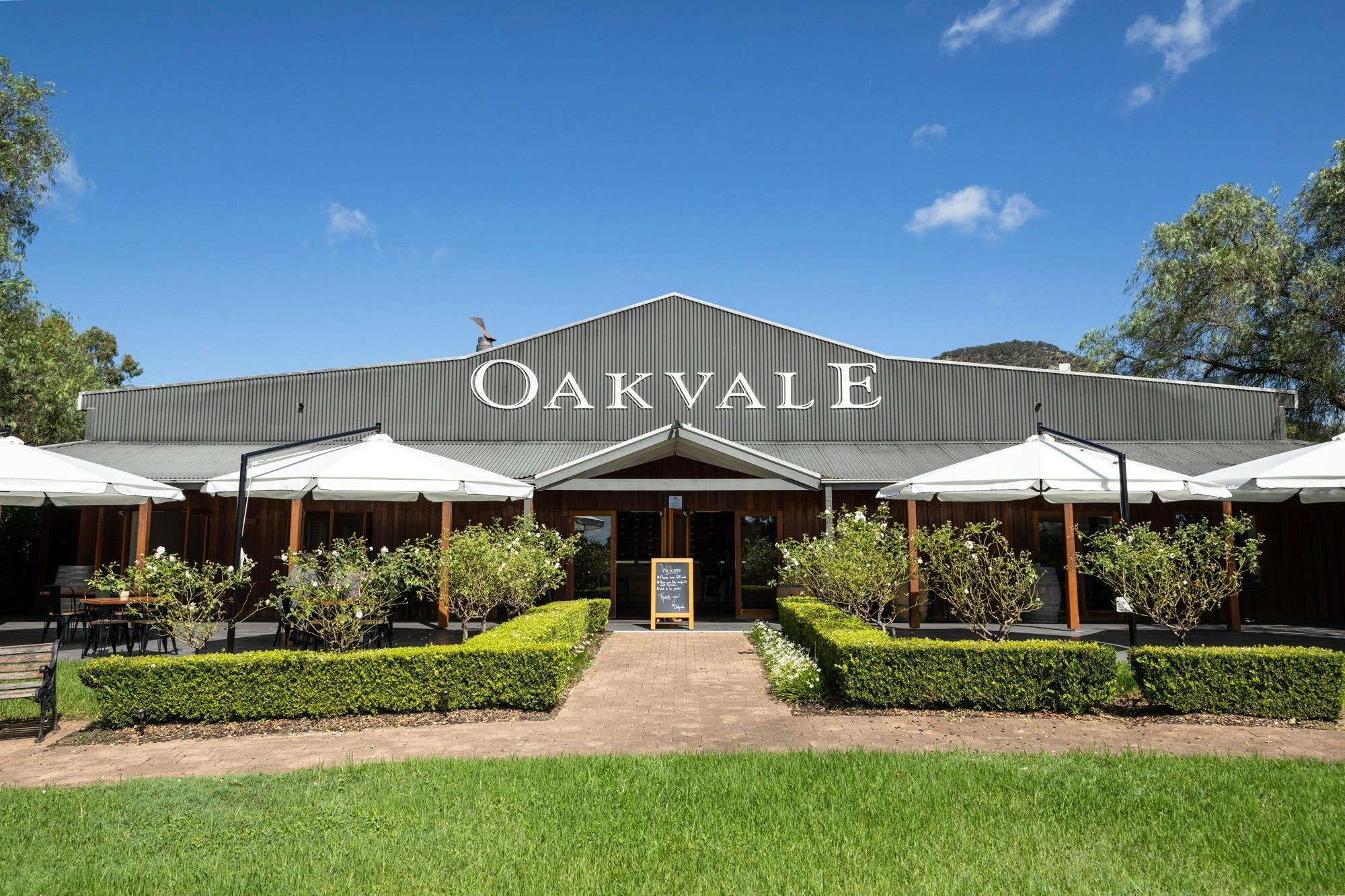 Outlooking the Hunter Valley countryside. Tastings inside the cellar door or in the gardens,