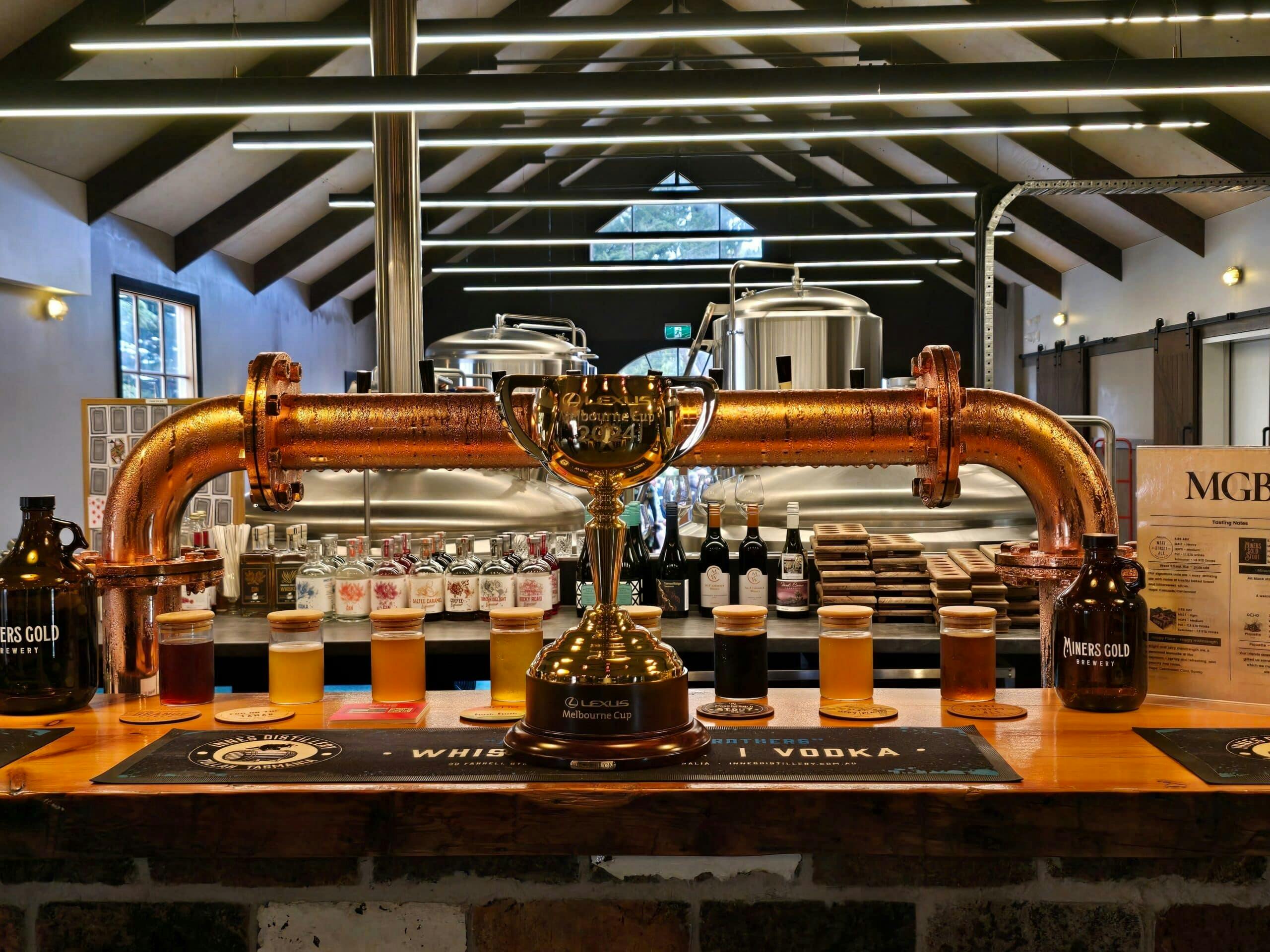 Copper brewery pipes above tasting paddles and trophy inside modern brewery interior.