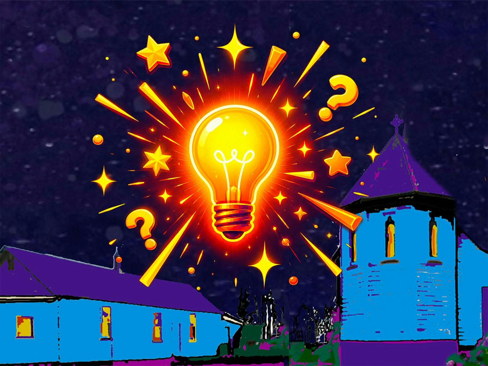Lightbulb glowing with stars above stylized images of hall and church