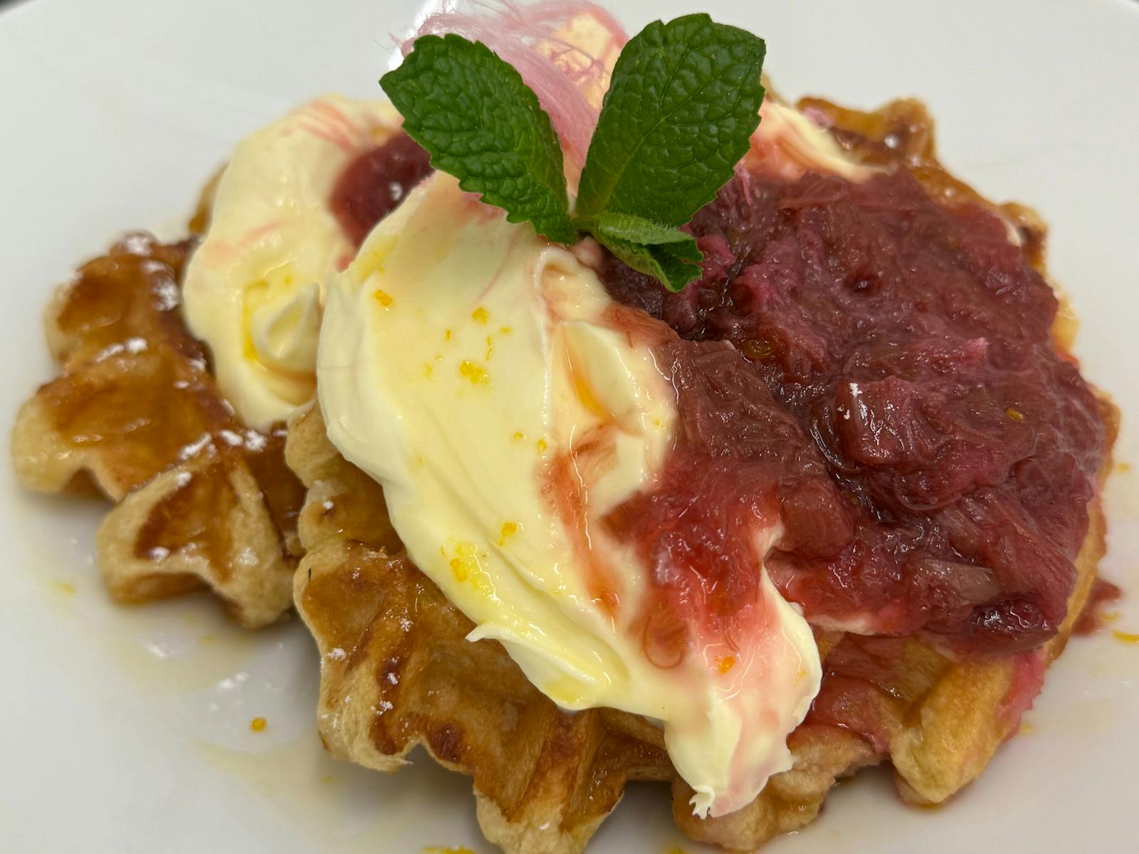 Waffles with mascarpone and locally grown rhubarb compote