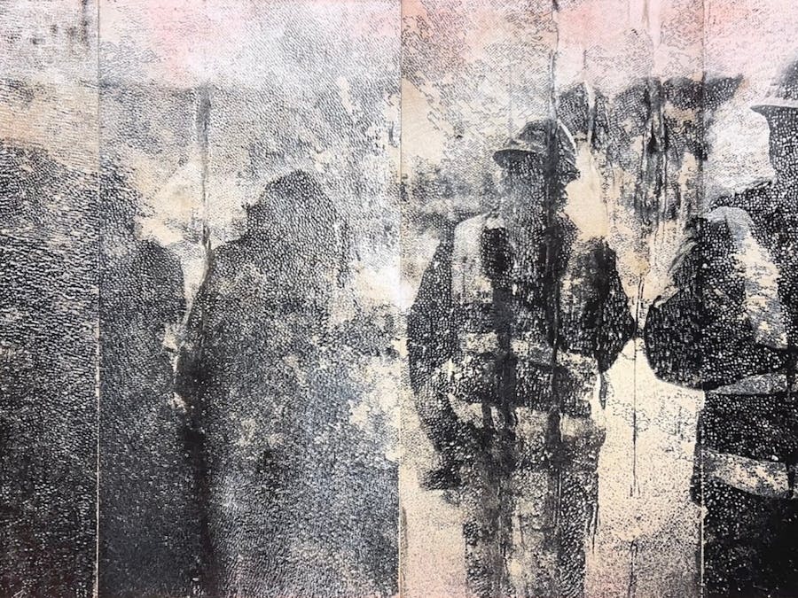 Outline of figures in protective cloth against a grainy black and white background