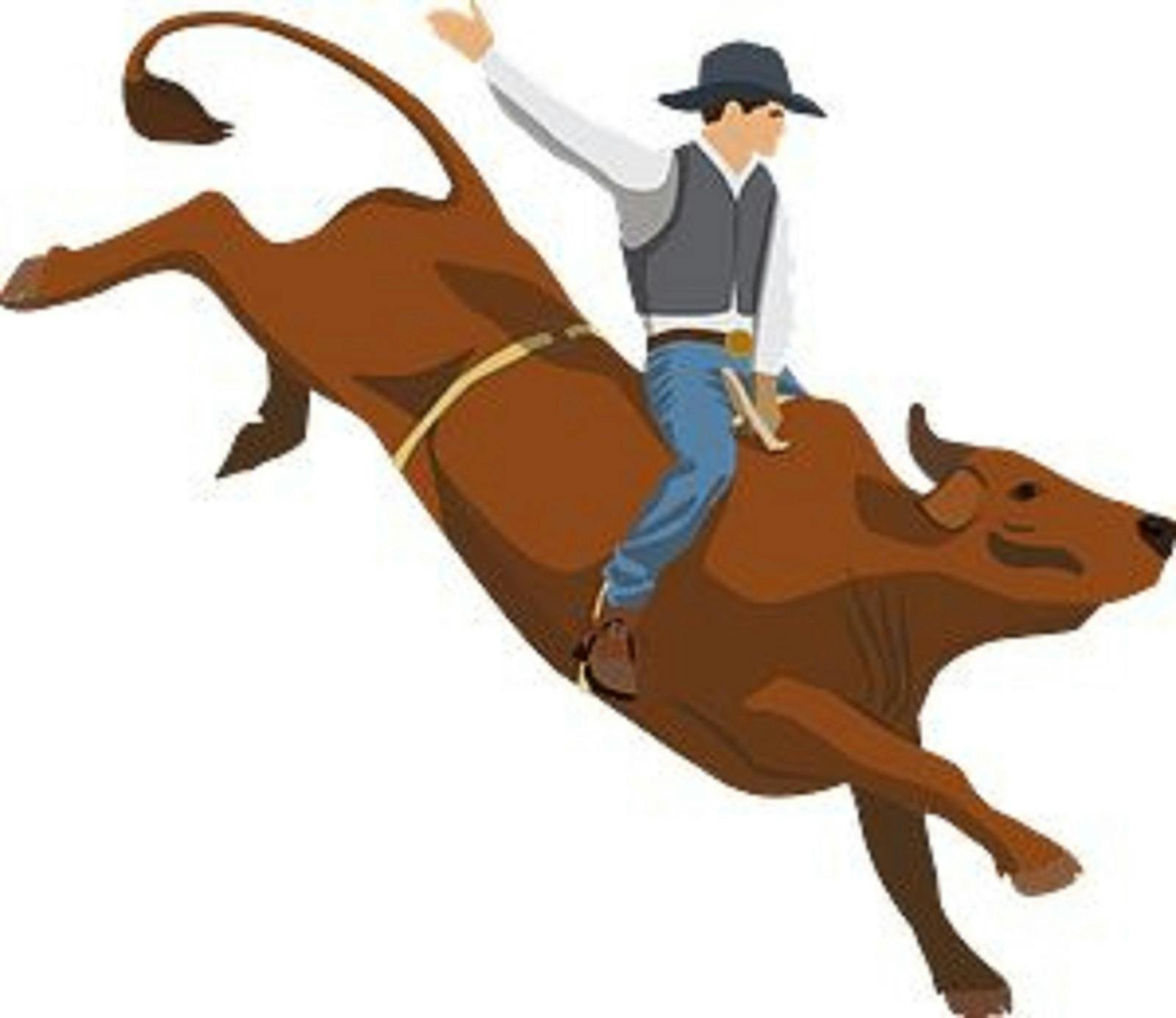 Cartoon image of a cowboy riding a bucking brown horse.