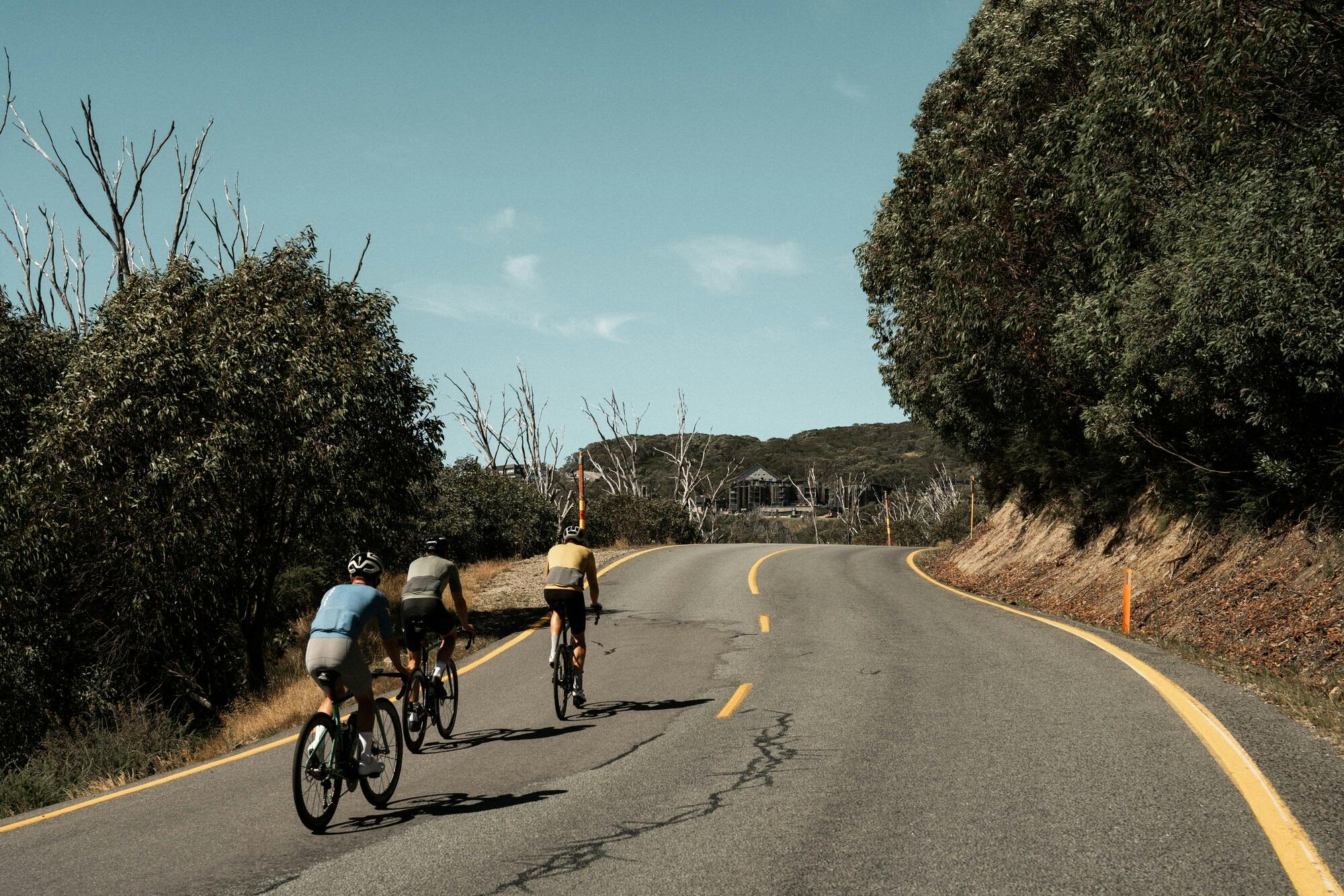 Three cyclists riding towards Falls Creek village on the Falls Creek 7 Peaks Challenge
